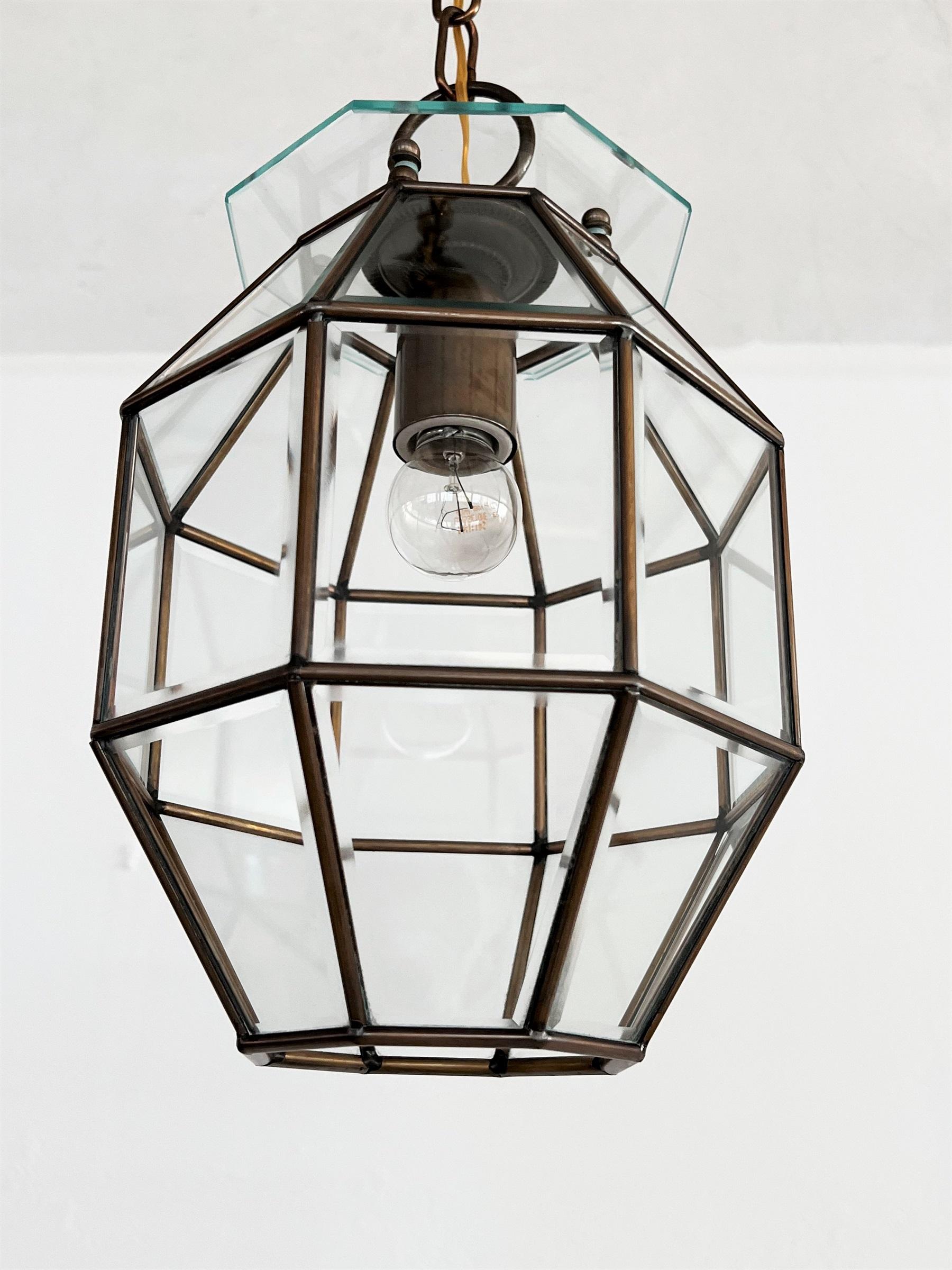 Italian Midcentury Brass and Cut Glass Lantern or Pendant Lamp, 1950s In Good Condition In Morazzone, Varese