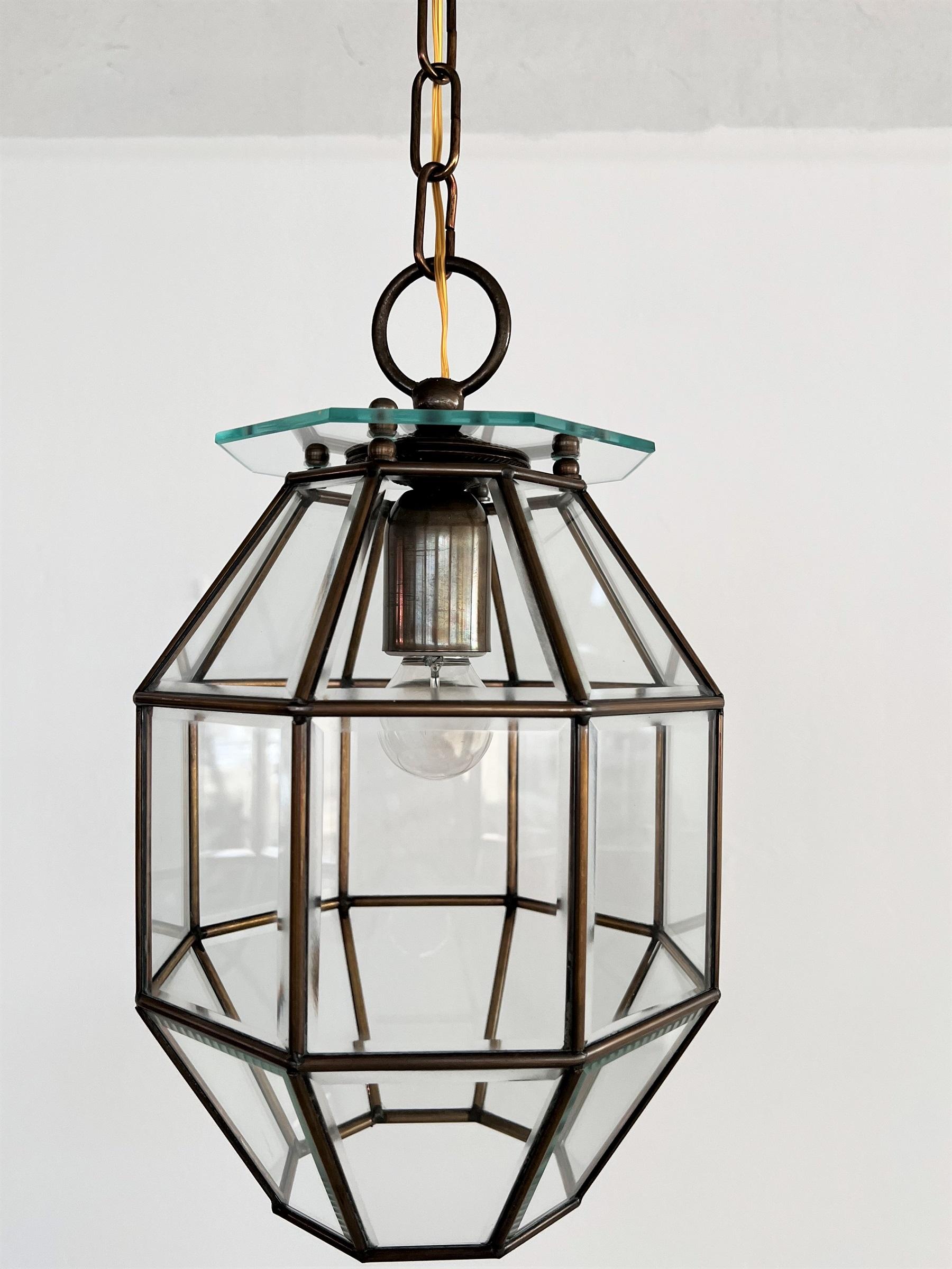 Italian Midcentury Brass and Cut Glass Lantern or Pendant Lamp, 1950s 2