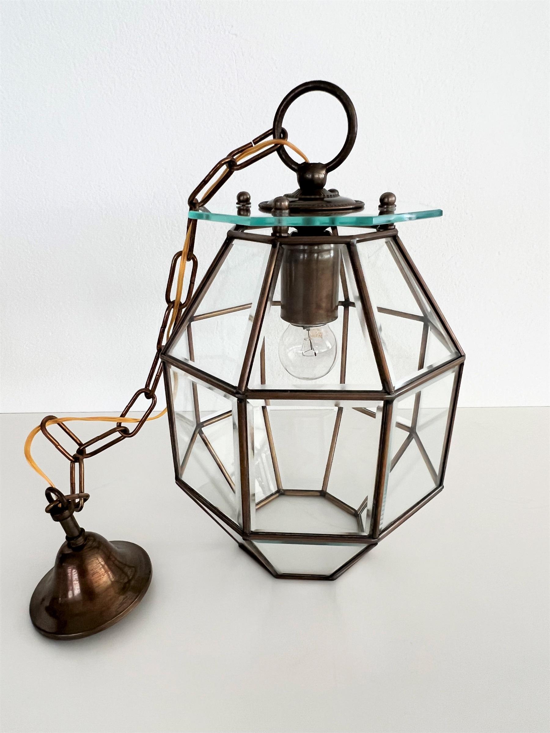 Italian Midcentury Brass and Cut Glass Lantern or Pendant Lamp, 1950s 4
