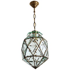 Italian Midcentury Brass and Cut Glass Lantern or Pendant Lamp, 1950s