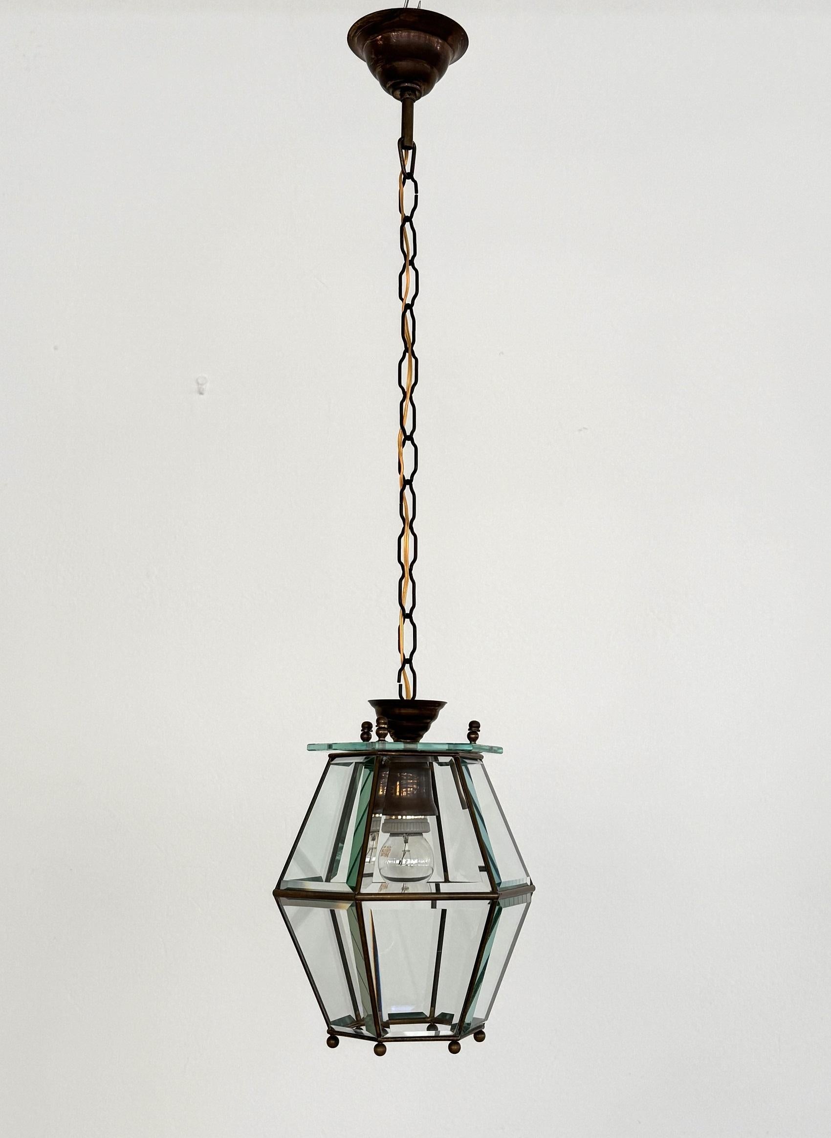 Italian Midcentury Brass and Cut Glass Lantern or Pendant Lamp, 1960s For Sale 6