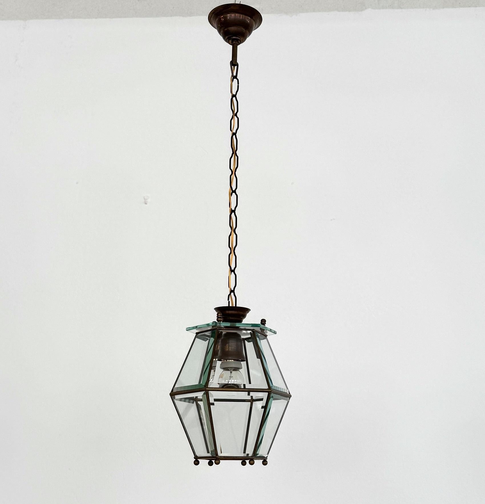 Italian Midcentury Brass and Cut Glass Lantern or Pendant Lamp, 1960s For Sale 7