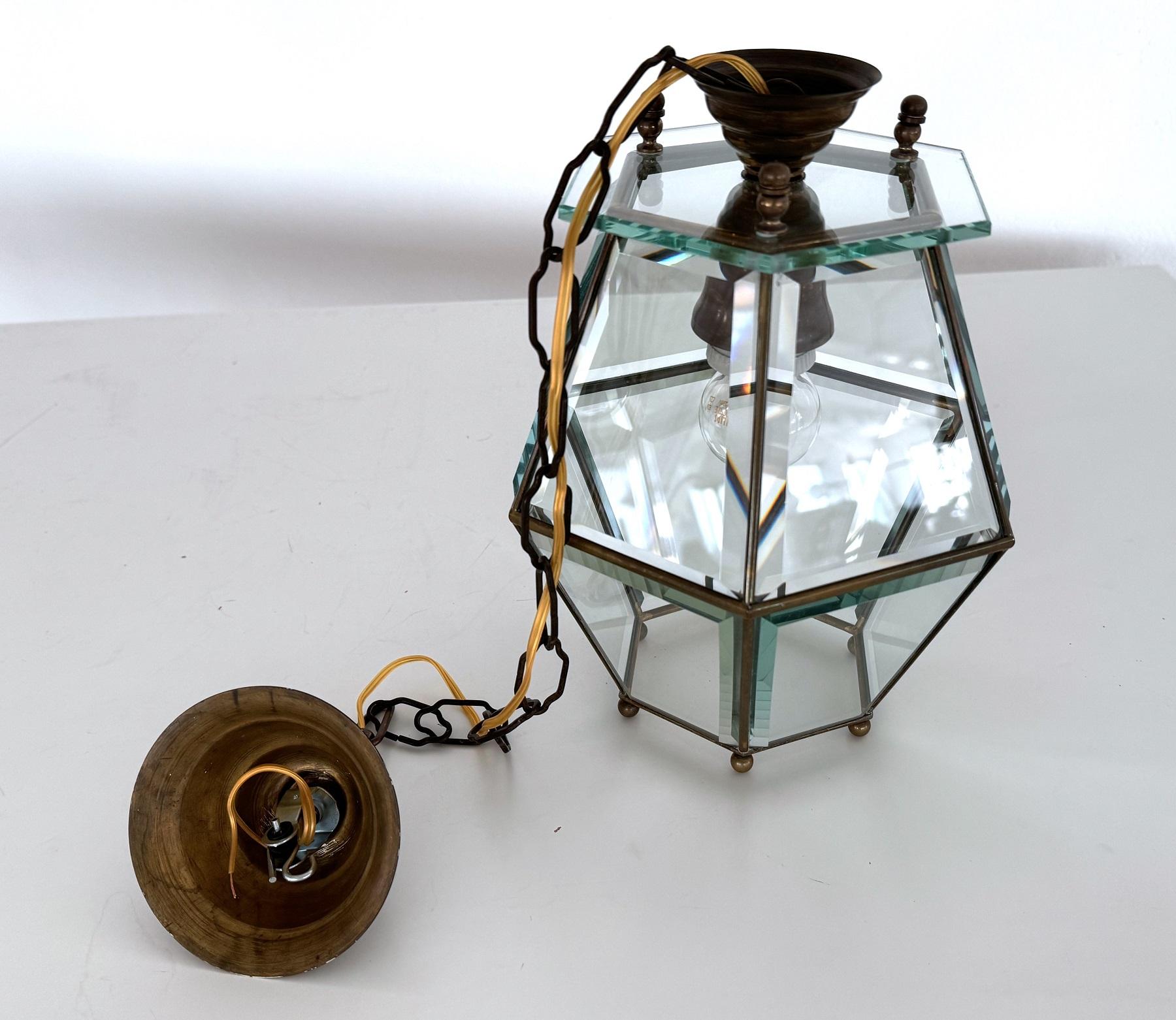 Italian Midcentury Brass and Cut Glass Lantern or Pendant Lamp, 1960s For Sale 8