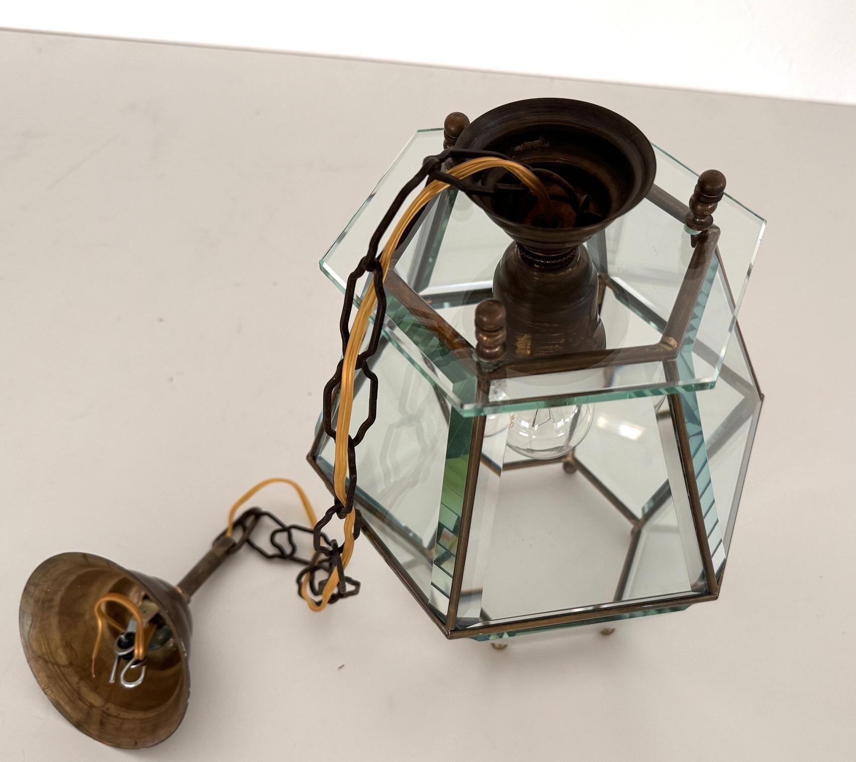 Italian Midcentury Brass and Cut Glass Lantern or Pendant Lamp, 1960s For Sale 9