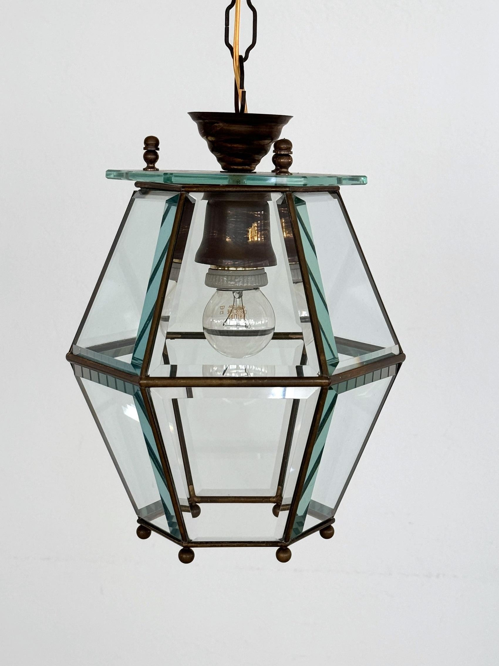 Mid-Century Modern Italian Midcentury Brass and Cut Glass Lantern or Pendant Lamp, 1960s For Sale