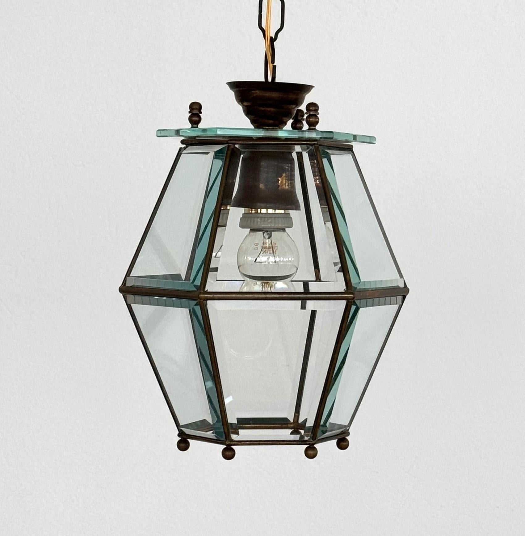 Mid-20th Century Italian Midcentury Brass and Cut Glass Lantern or Pendant Lamp, 1960s For Sale