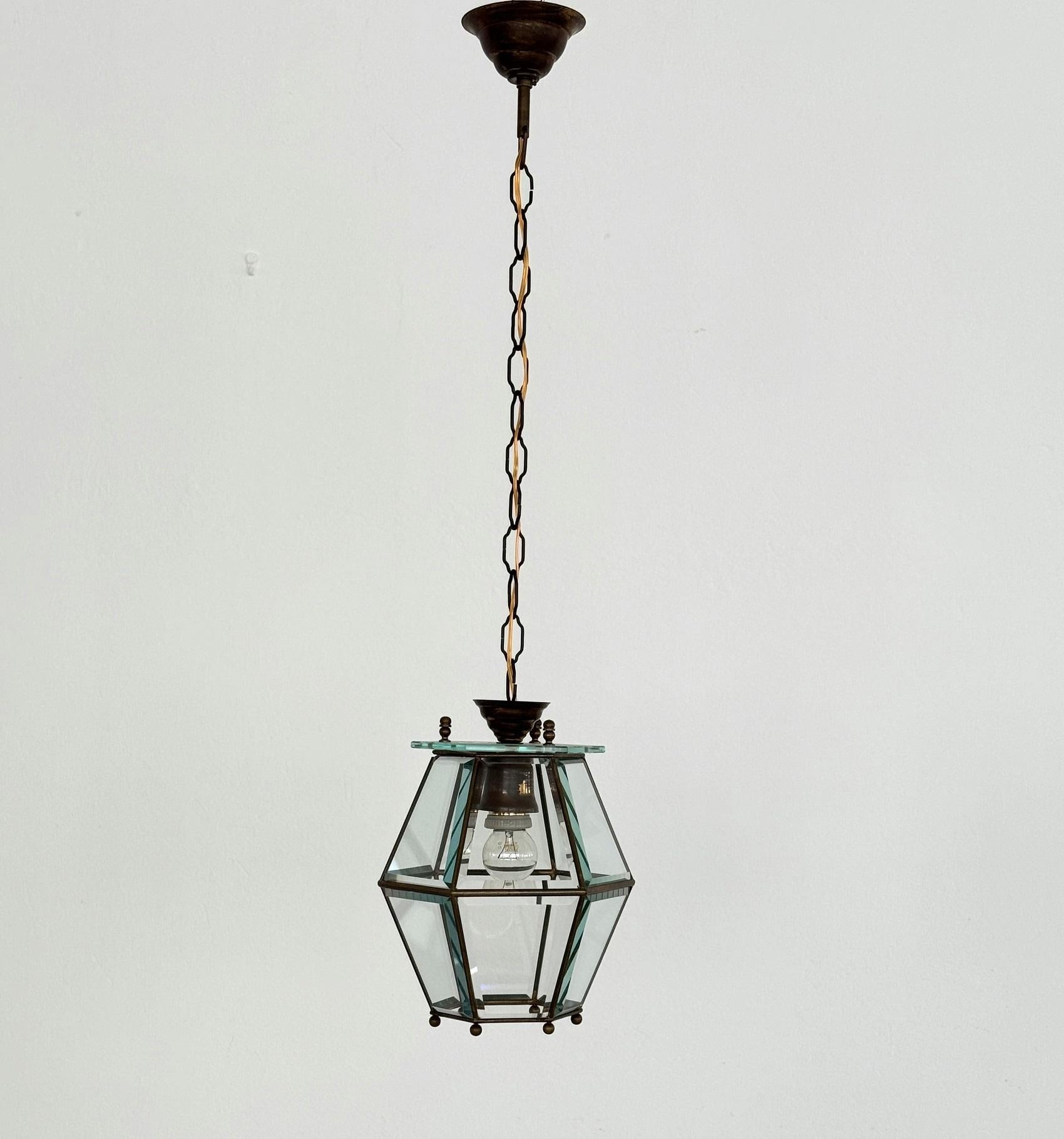 Italian Midcentury Brass and Cut Glass Lantern or Pendant Lamp, 1960s For Sale 1