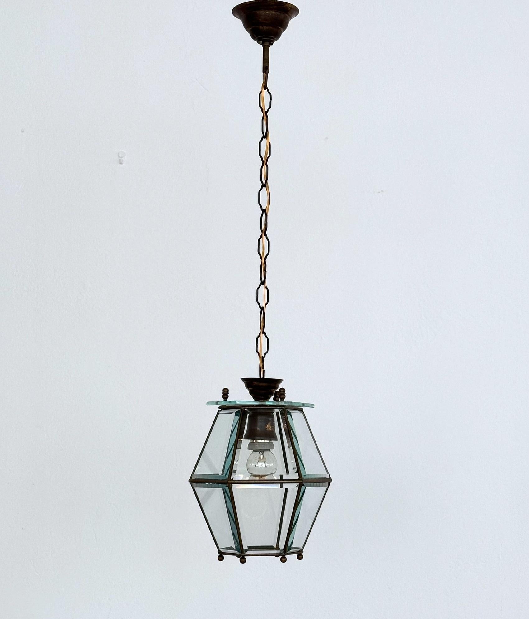 Italian Midcentury Brass and Cut Glass Lantern or Pendant Lamp, 1960s For Sale 2