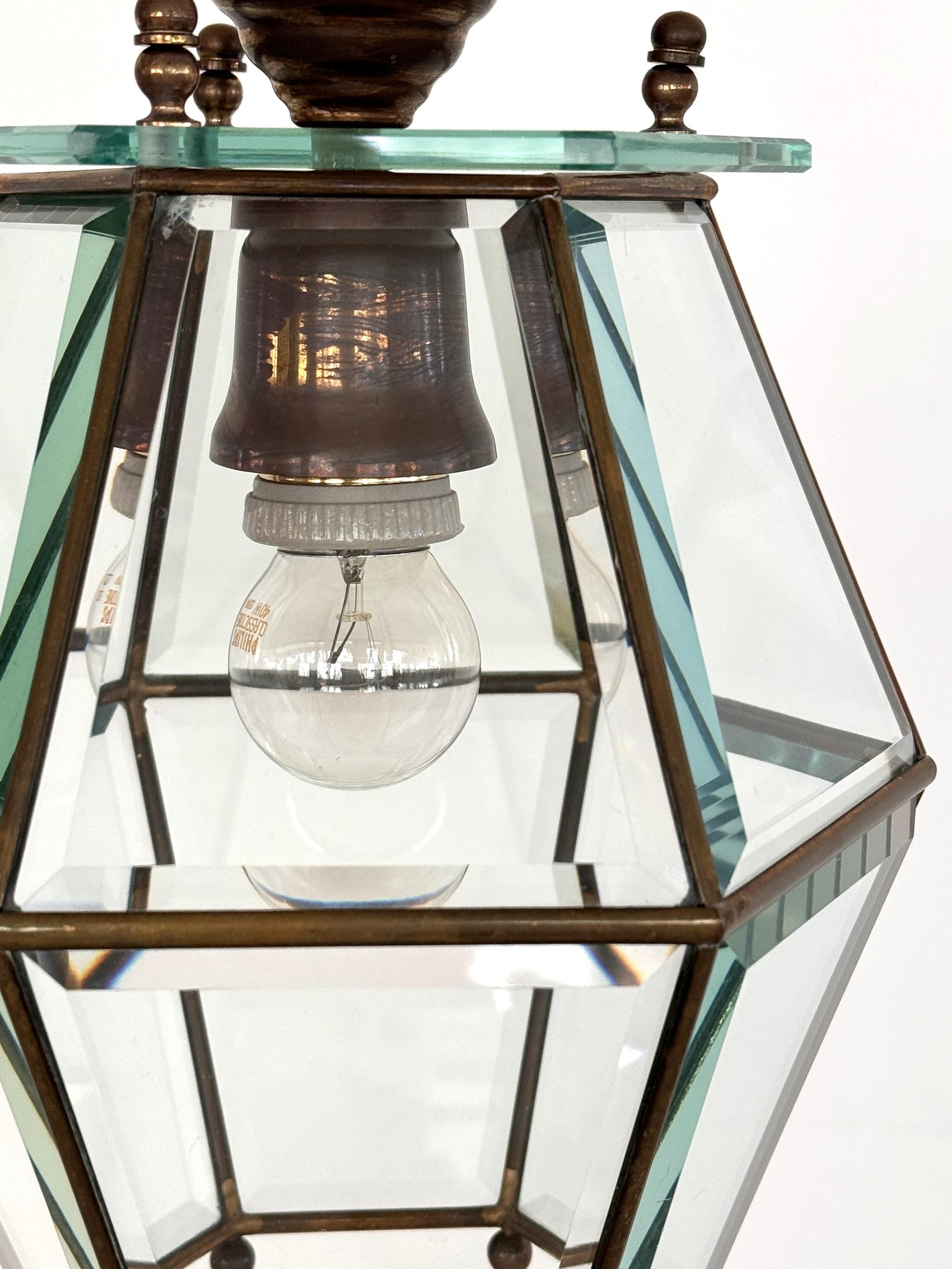 Italian Midcentury Brass and Cut Glass Lantern or Pendant Lamp, 1960s For Sale 3
