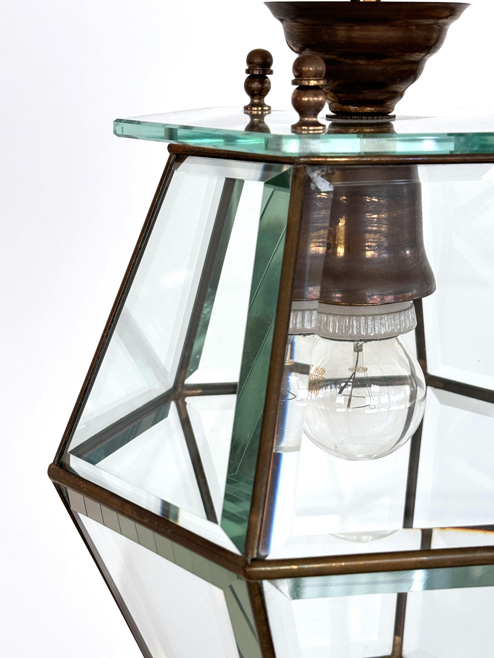 Italian Midcentury Brass and Cut Glass Lantern or Pendant Lamp, 1960s For Sale 4