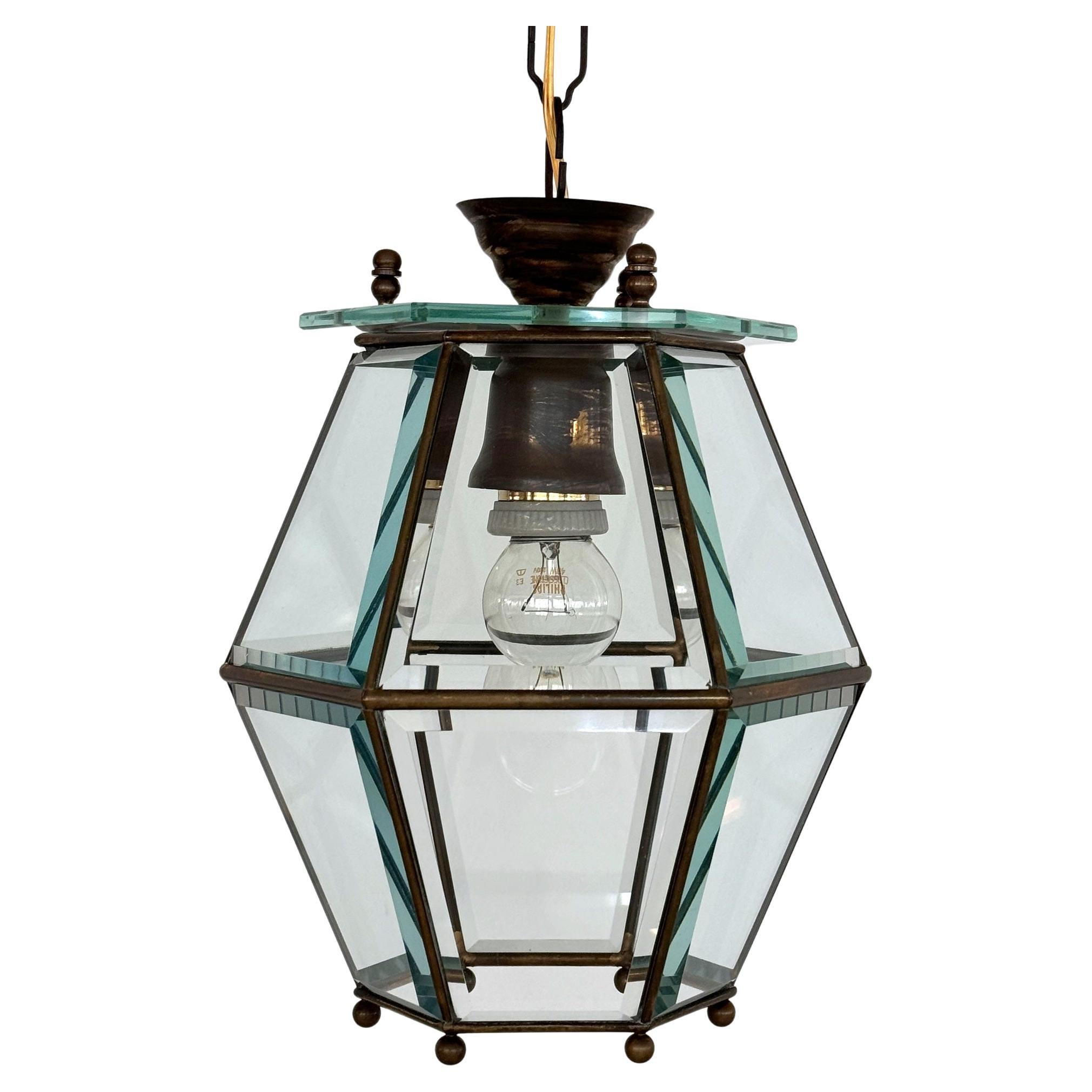 Italian Midcentury Brass and Cut Glass Lantern or Pendant Lamp, 1960s