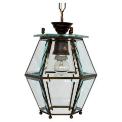 Italian Midcentury Brass and Cut Glass Lantern or Pendant Lamp, 1960s