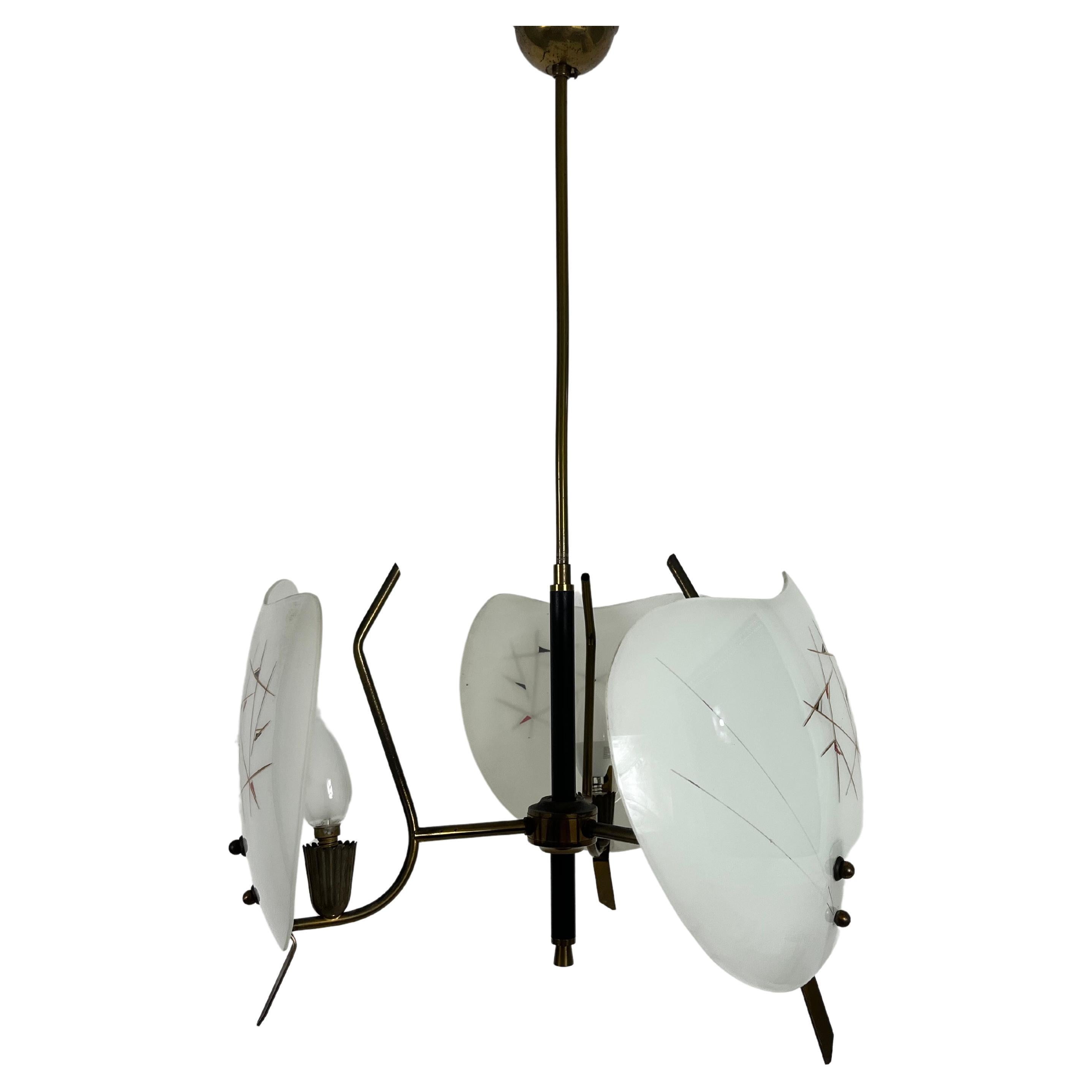 Italian Midcentury Brass and Glass 3-Arm Sputnik Chandelier, 1950s