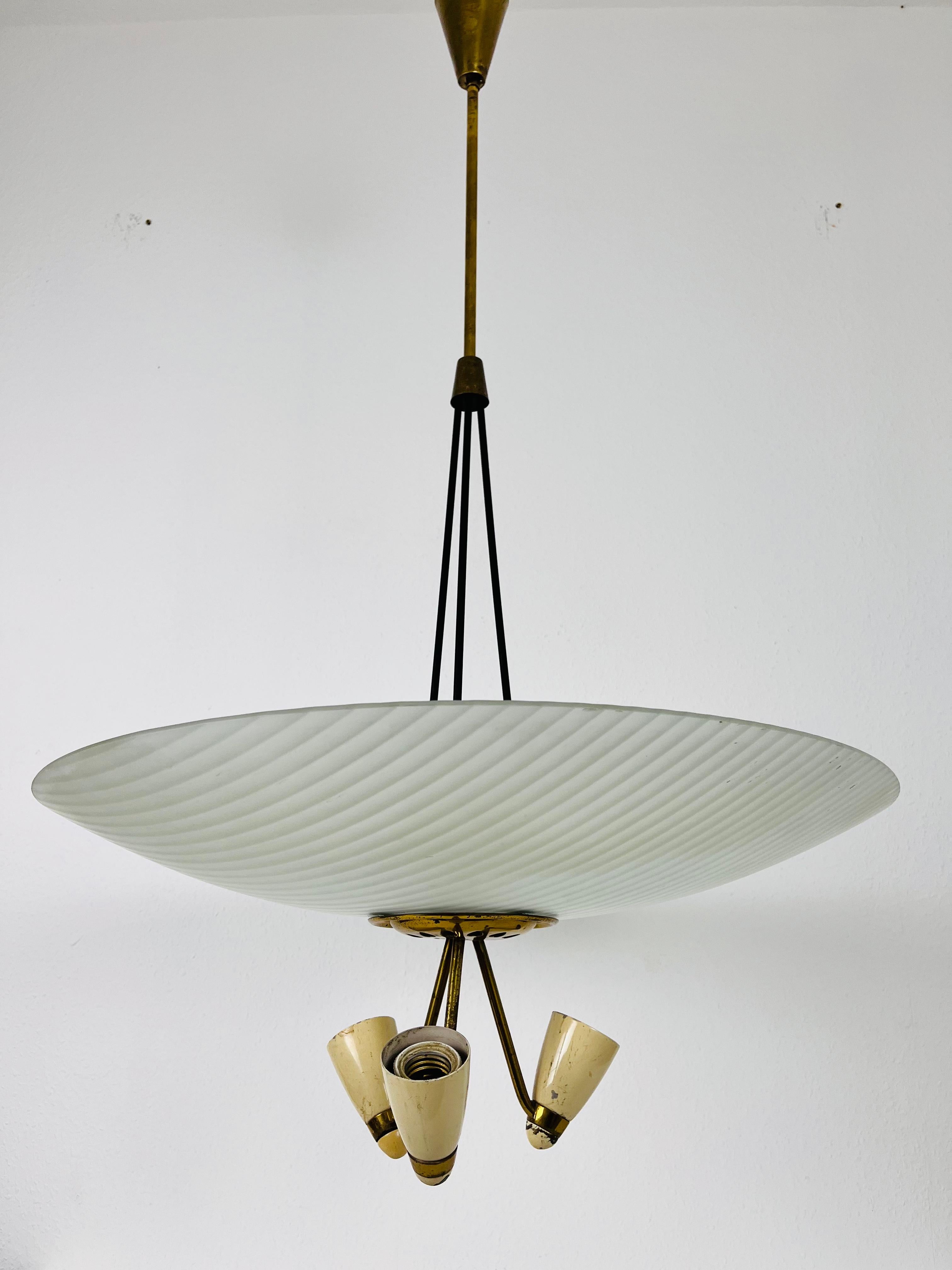 Metal Italian Midcentury Brass and Glass Chandelier, 1950s For Sale