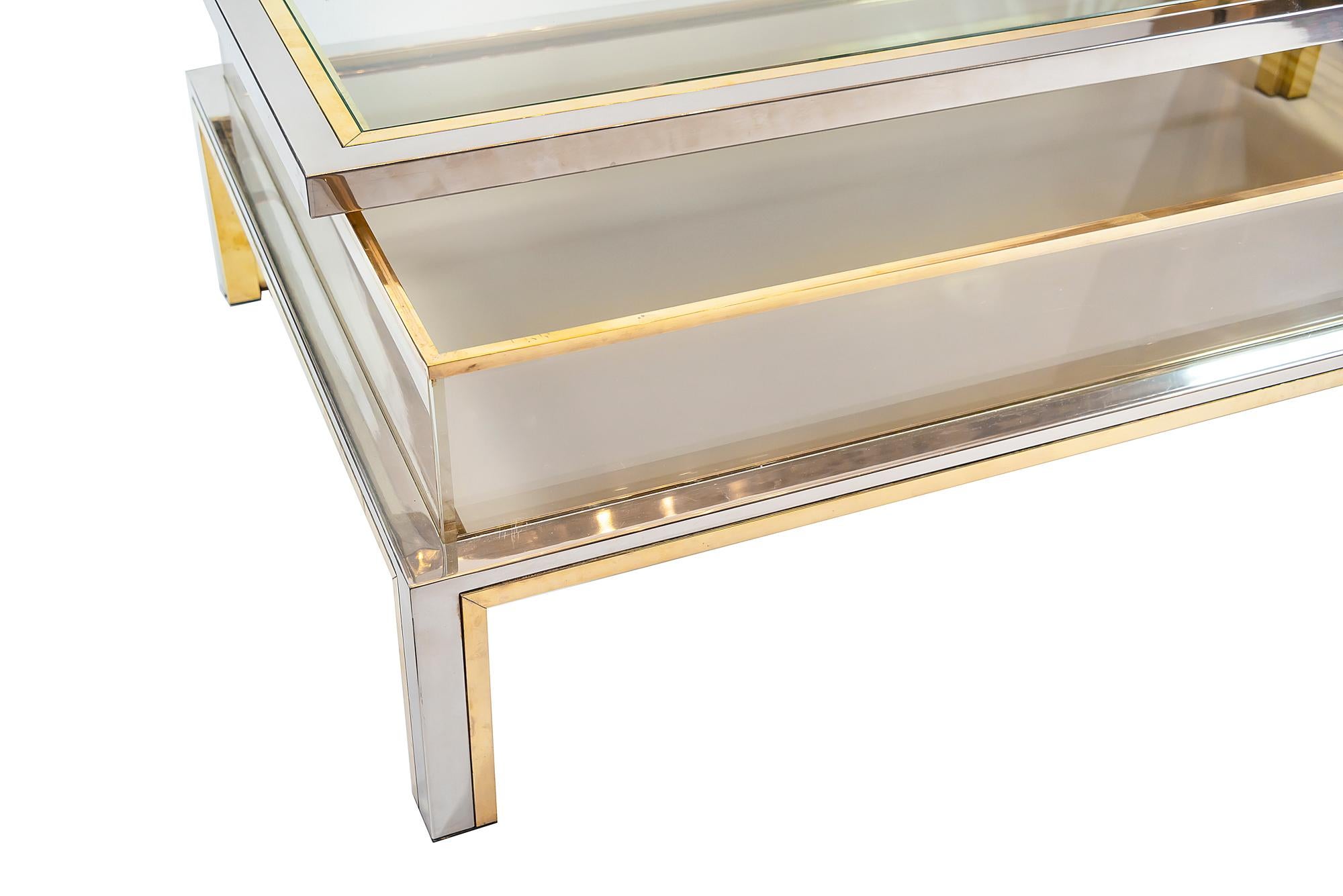 Italian midcentury brass and glass coffee table - showcase by Romeo Rega. The top of this table is with showcase function and opens to one side. Signature 