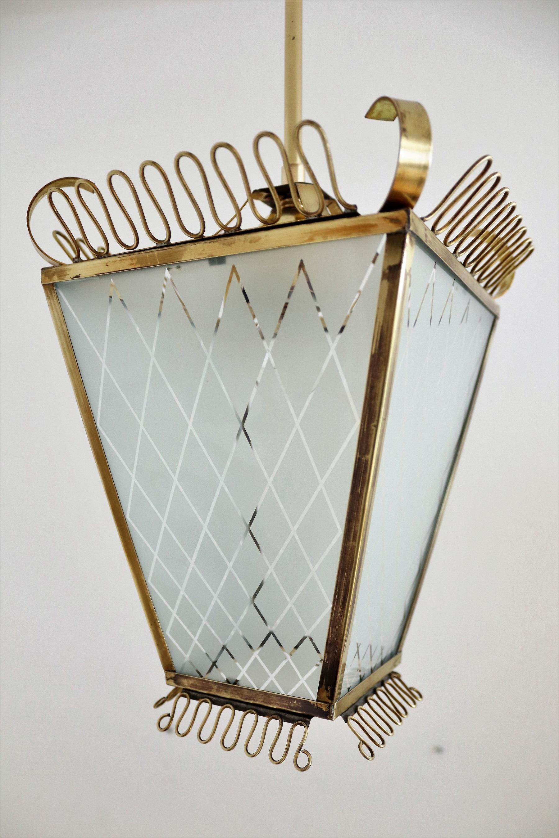 Italian Midcentury Brass and Glass Lantern or Pendant Lamp, 1950 4