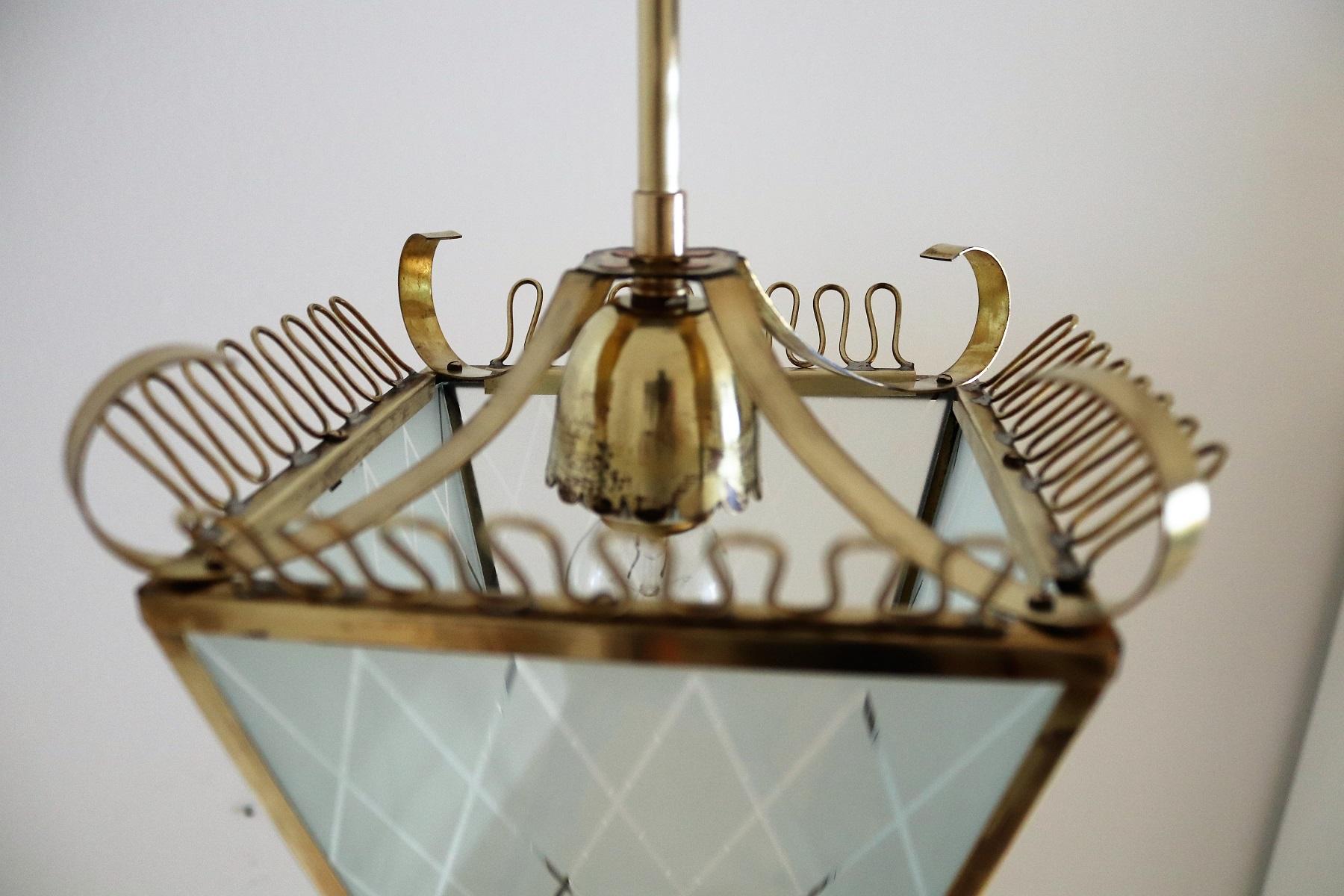 Italian Midcentury Brass and Glass Lantern or Pendant Lamp, 1950 5
