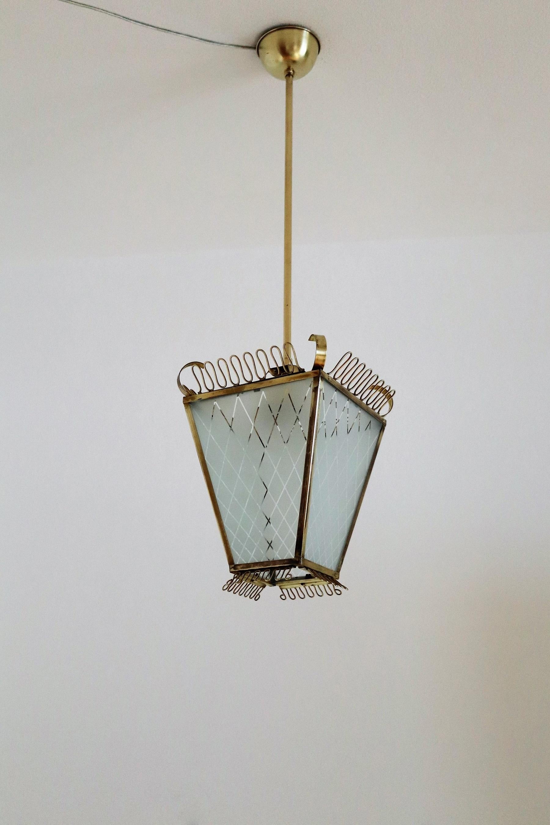 Italian Midcentury Brass and Glass Lantern or Pendant Lamp, 1950 9