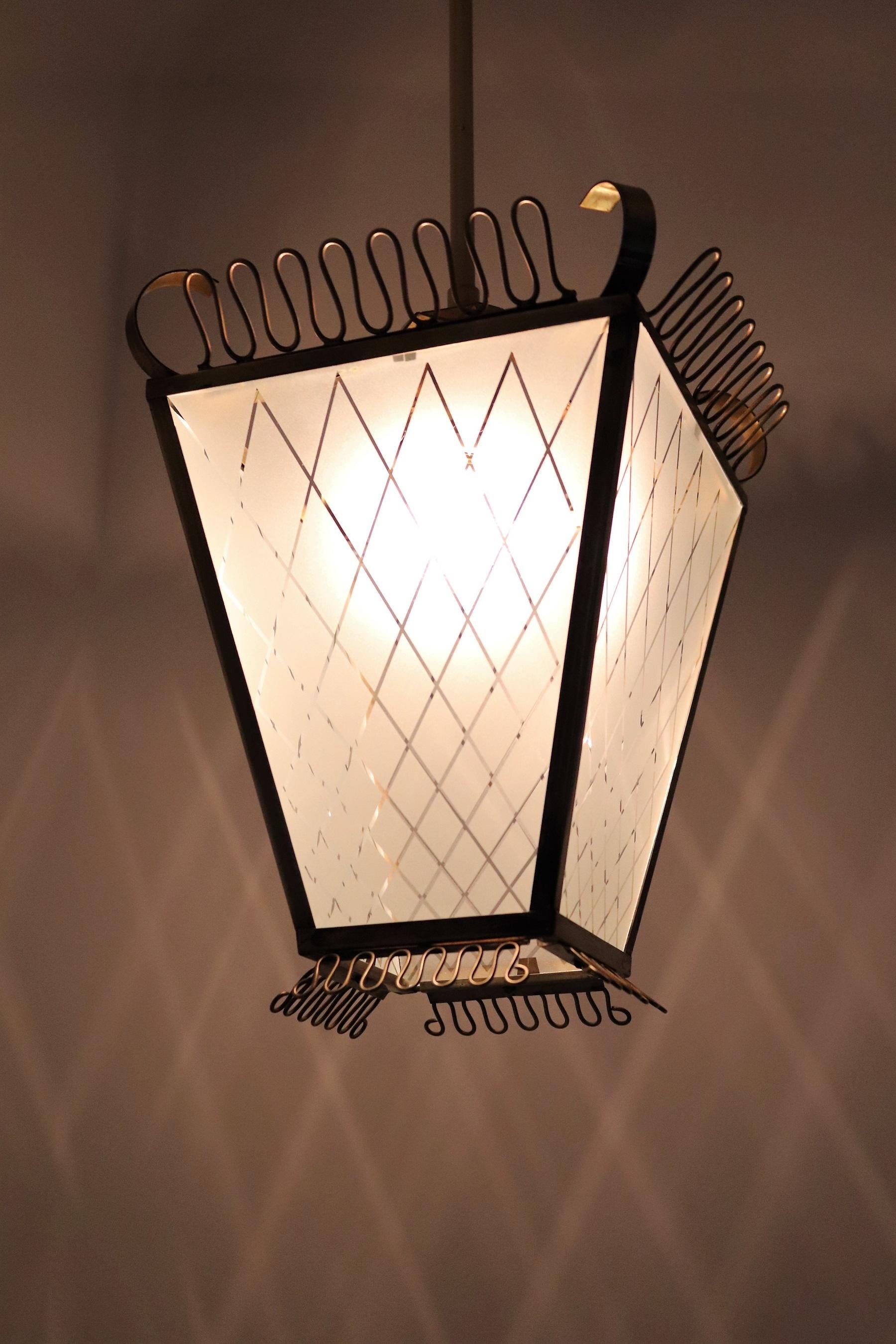 Italian Midcentury Brass and Glass Lantern or Pendant Lamp, 1950 2