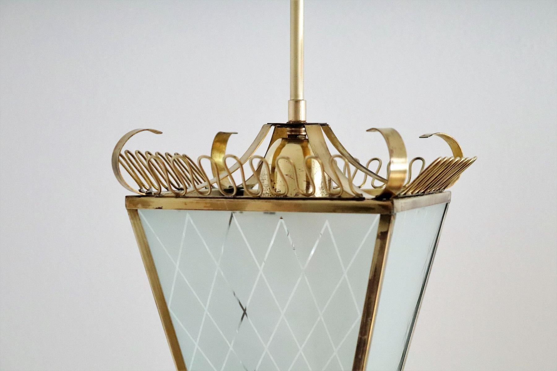 Italian Midcentury Brass and Glass Lantern or Pendant Lamp, 1950 3