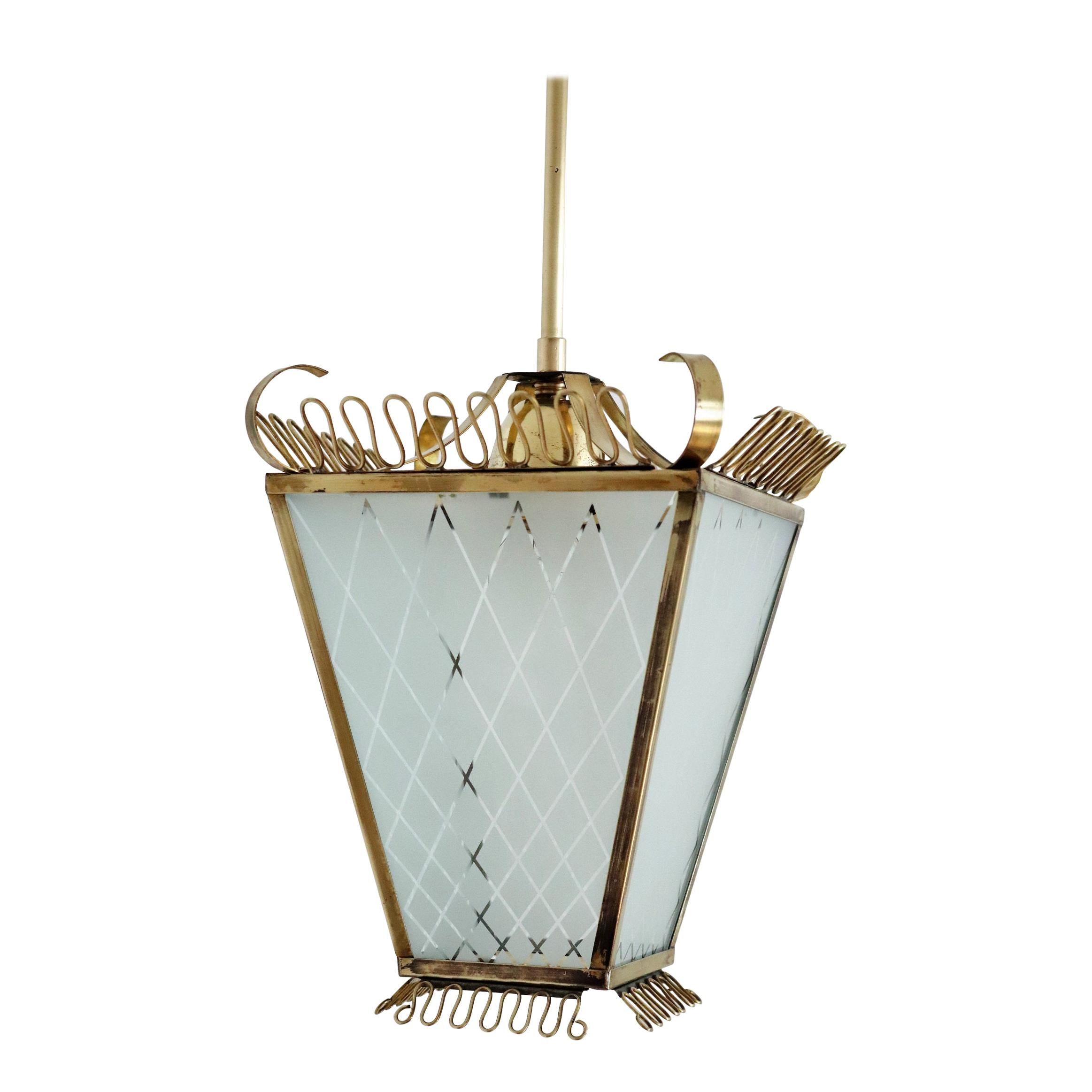 Italian Midcentury Brass and Glass Lantern or Pendant Lamp, 1950