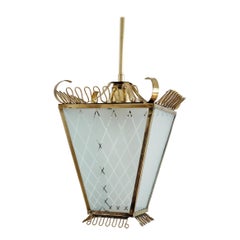 Italian Midcentury Brass and Glass Lantern or Pendant Lamp, 1950