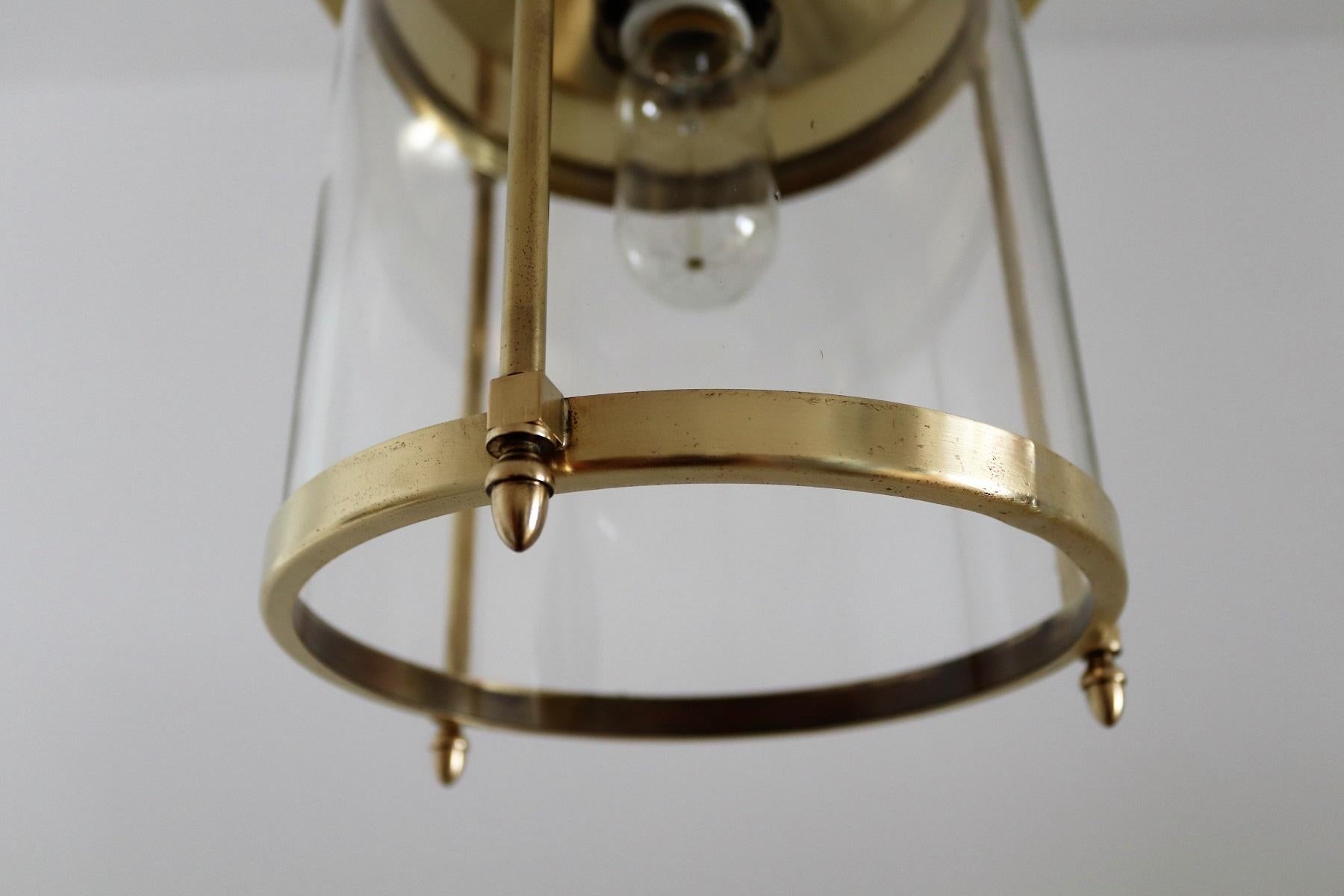 Late 20th Century Italian Midcentury Brass and Glass Pendant Lamp or Lantern, 1970s For Sale