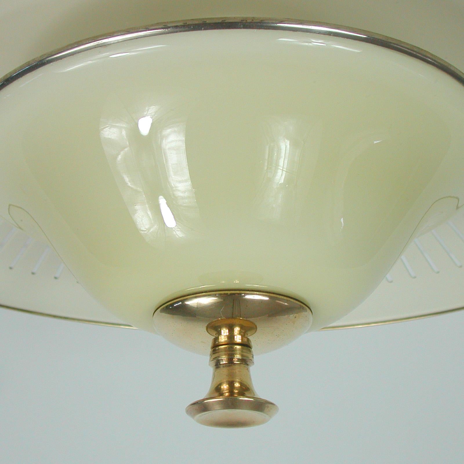 Italian Midcentury Brass and Opaline Glass Flush Mount, 1950s 6