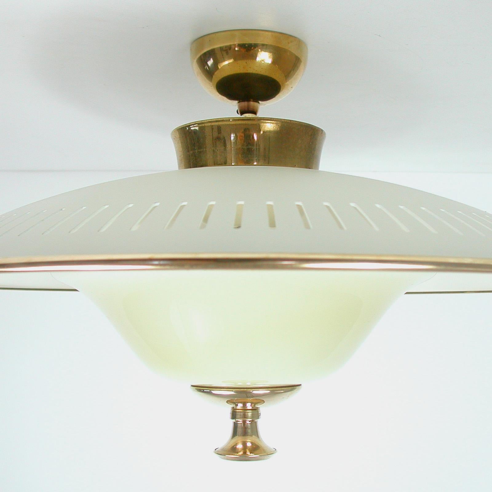Italian Midcentury Brass and Opaline Glass Flush Mount, 1950s 7
