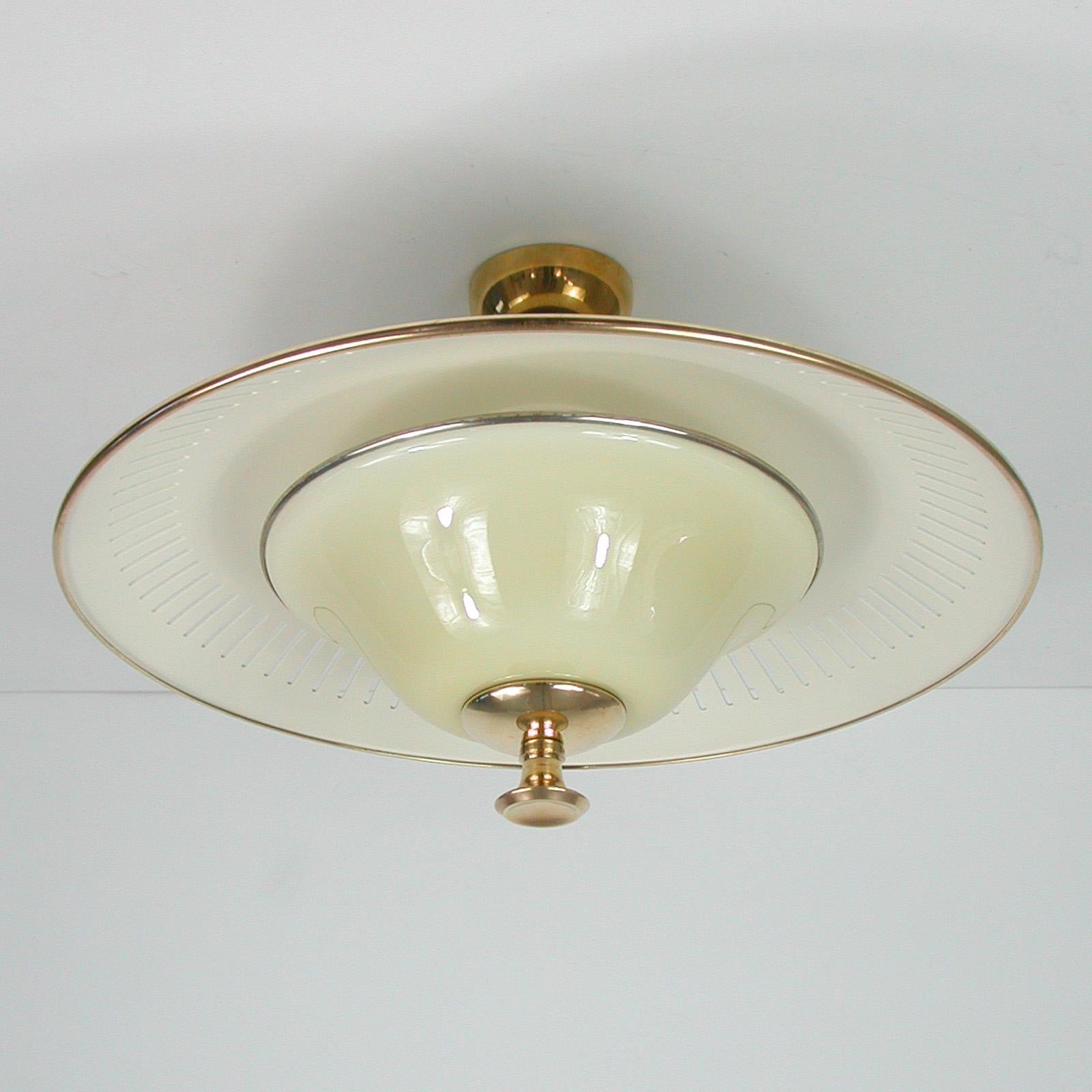 Lacquered Italian Midcentury Brass and Opaline Glass Flush Mount, 1950s