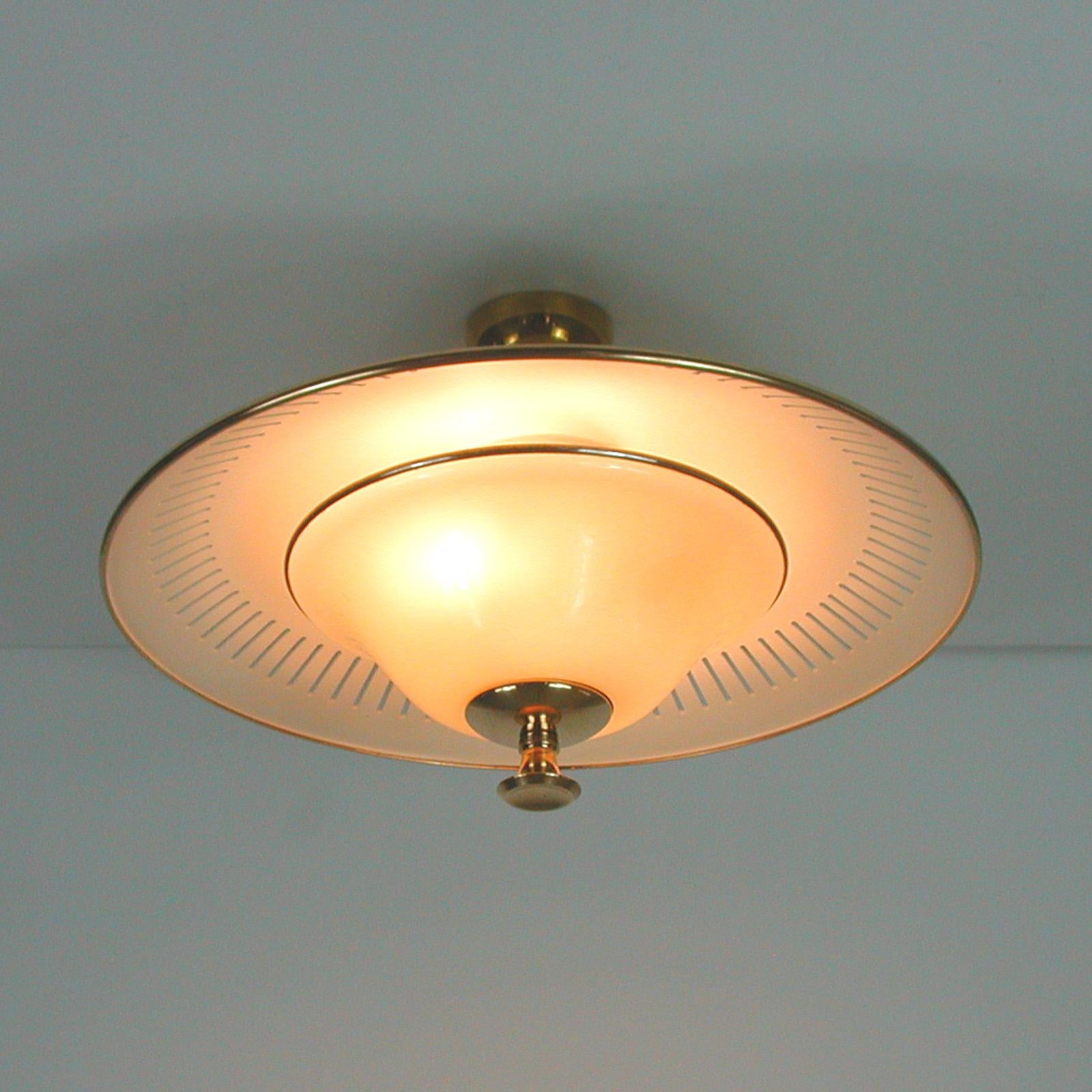 Italian Midcentury Brass and Opaline Glass Flush Mount, 1950s In Good Condition In NUEMBRECHT, NRW