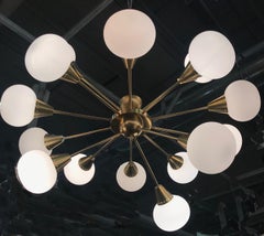 Italian Midcentury Brass and Opaline Murano Glass Large Sputnik Chandelier