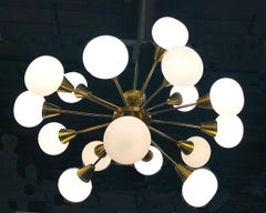 Italian Midcentury Brass and Opaline Murano Glass Large Sputnik Chandelier