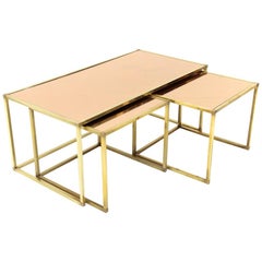 Italian Midcentury Brass and Pink Mirror Nesting Tables, 1950s