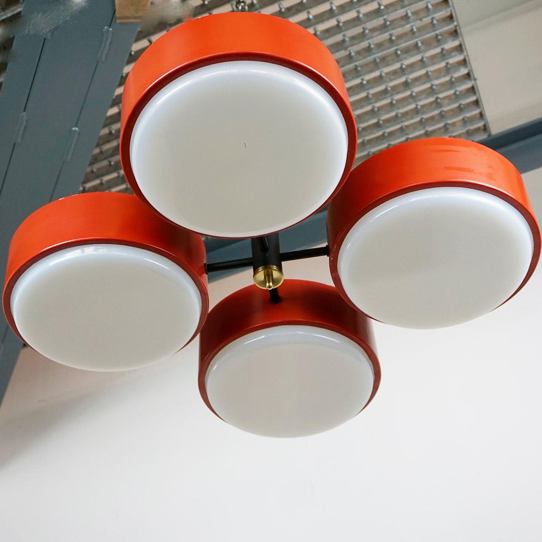 Mid-20th Century Italian Midcentury Brass and Red Lacquer Chandelier attr. to Stilux Milano