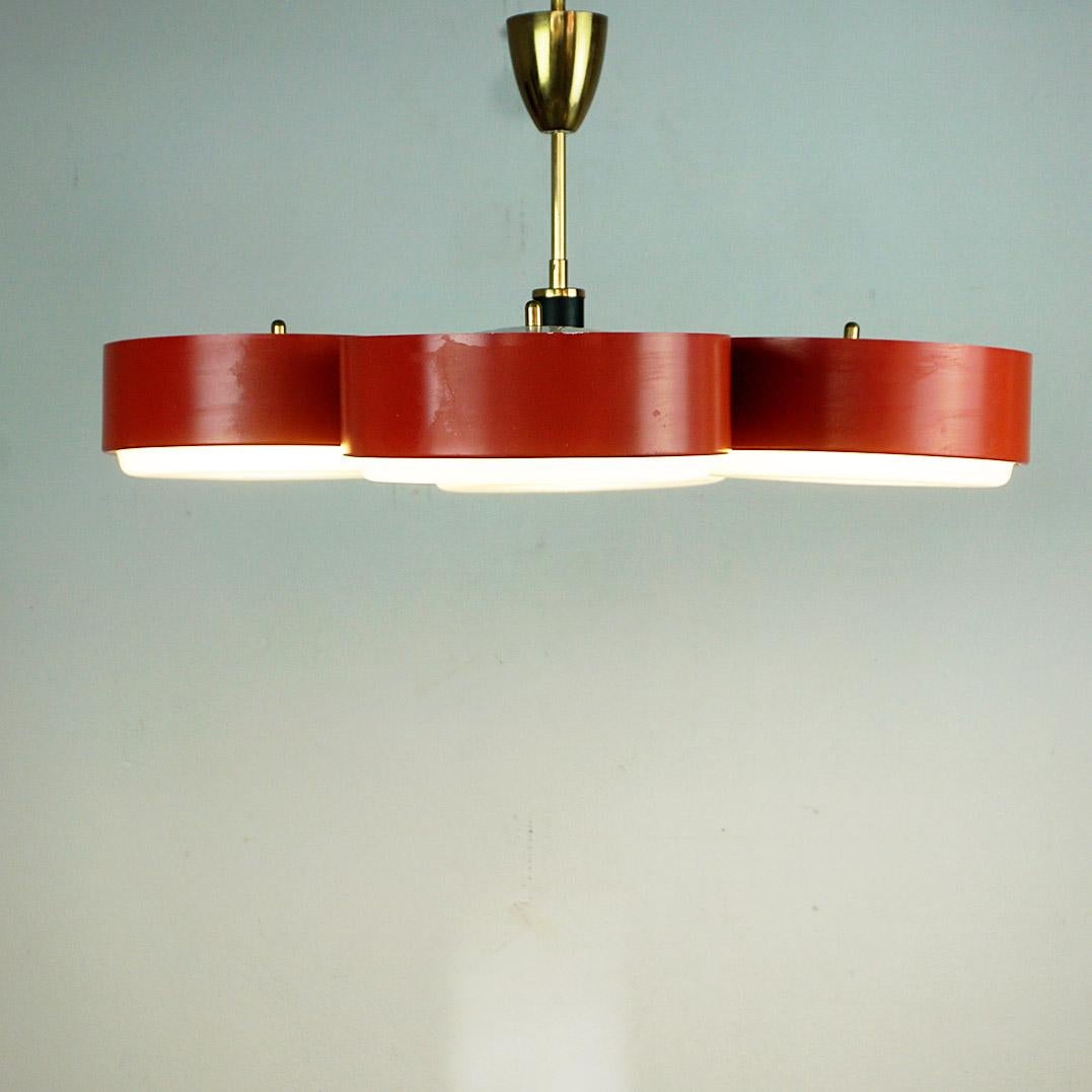 Italian Midcentury Brass and Red Lacquer Chandelier attr. to Stilux Milano 1
