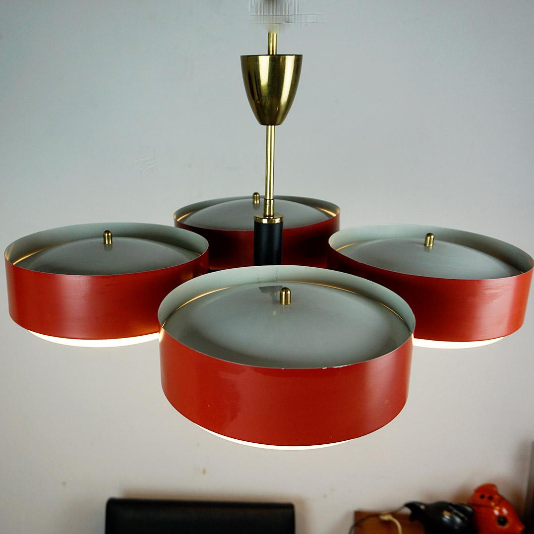 Italian Midcentury Brass and Red Lacquer Chandelier attr. to Stilux Milano 2