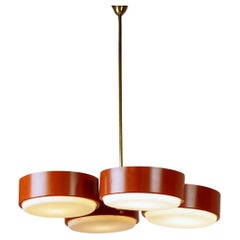 Italian Midcentury Brass and Red Lacquer Chandelier attr. to Stilux Milano