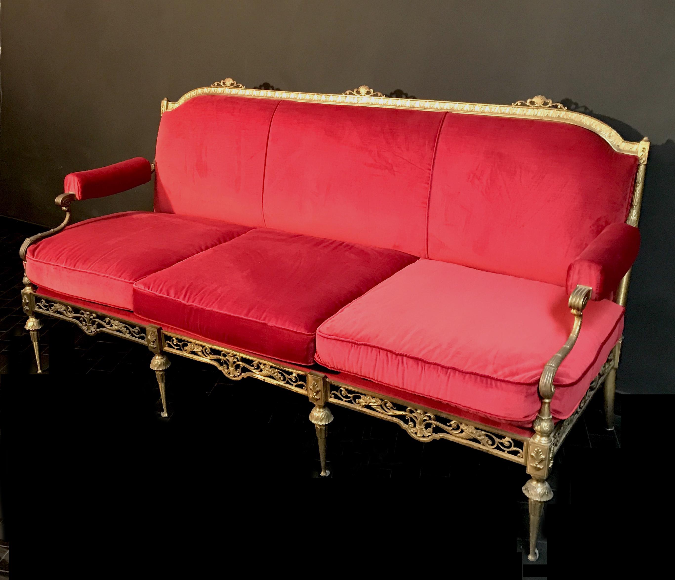Louis XVI Italian Midcentury Brass and Red Velvet Living Room Set, 1950