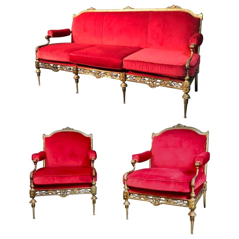 Italian Midcentury Brass and Red Velvet Living Room Set, 1950 at 1stDibs