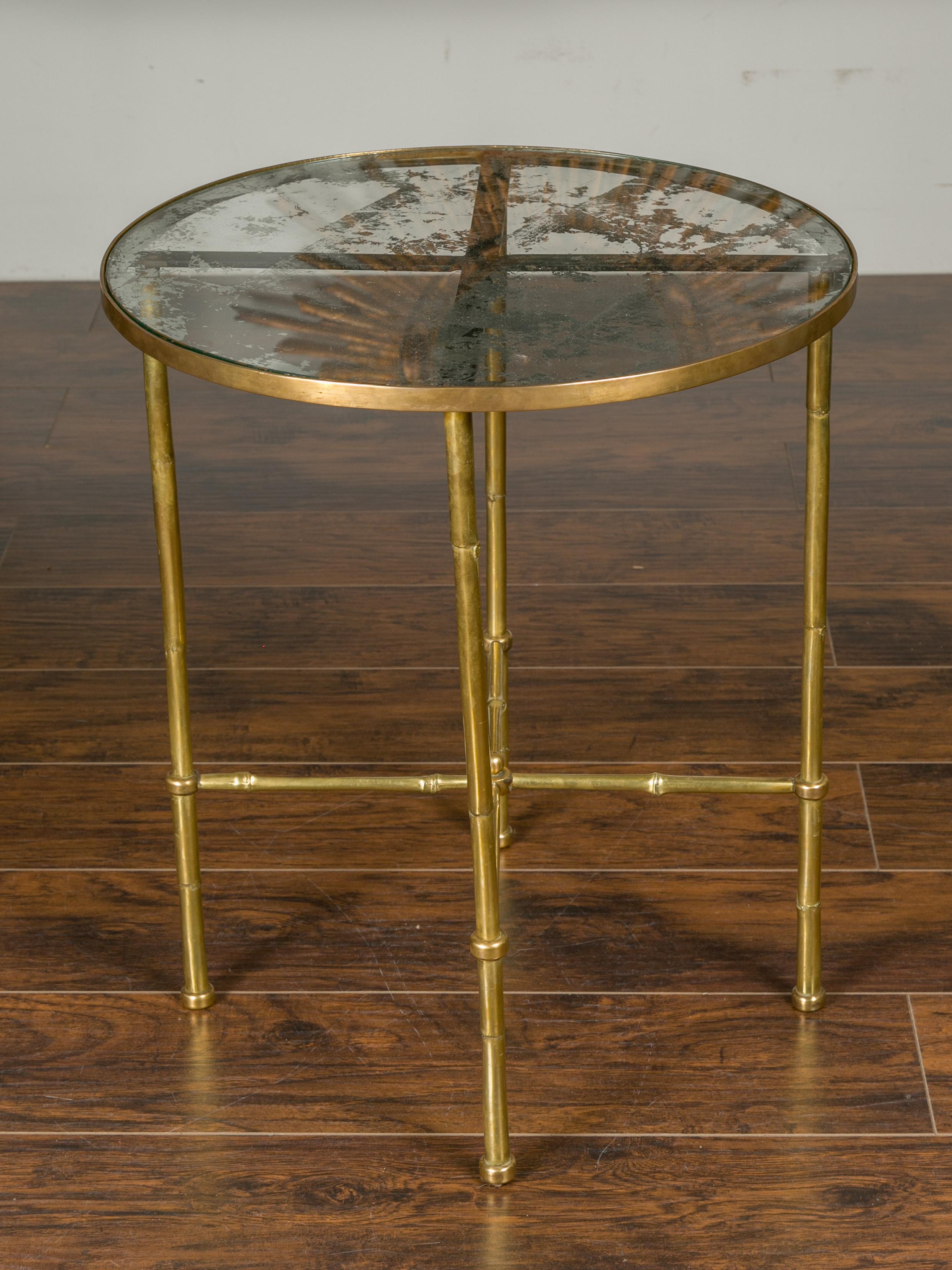 Italian Midcentury Brass Bamboo-Inspired Side Table with Distressed Glass Top For Sale 4