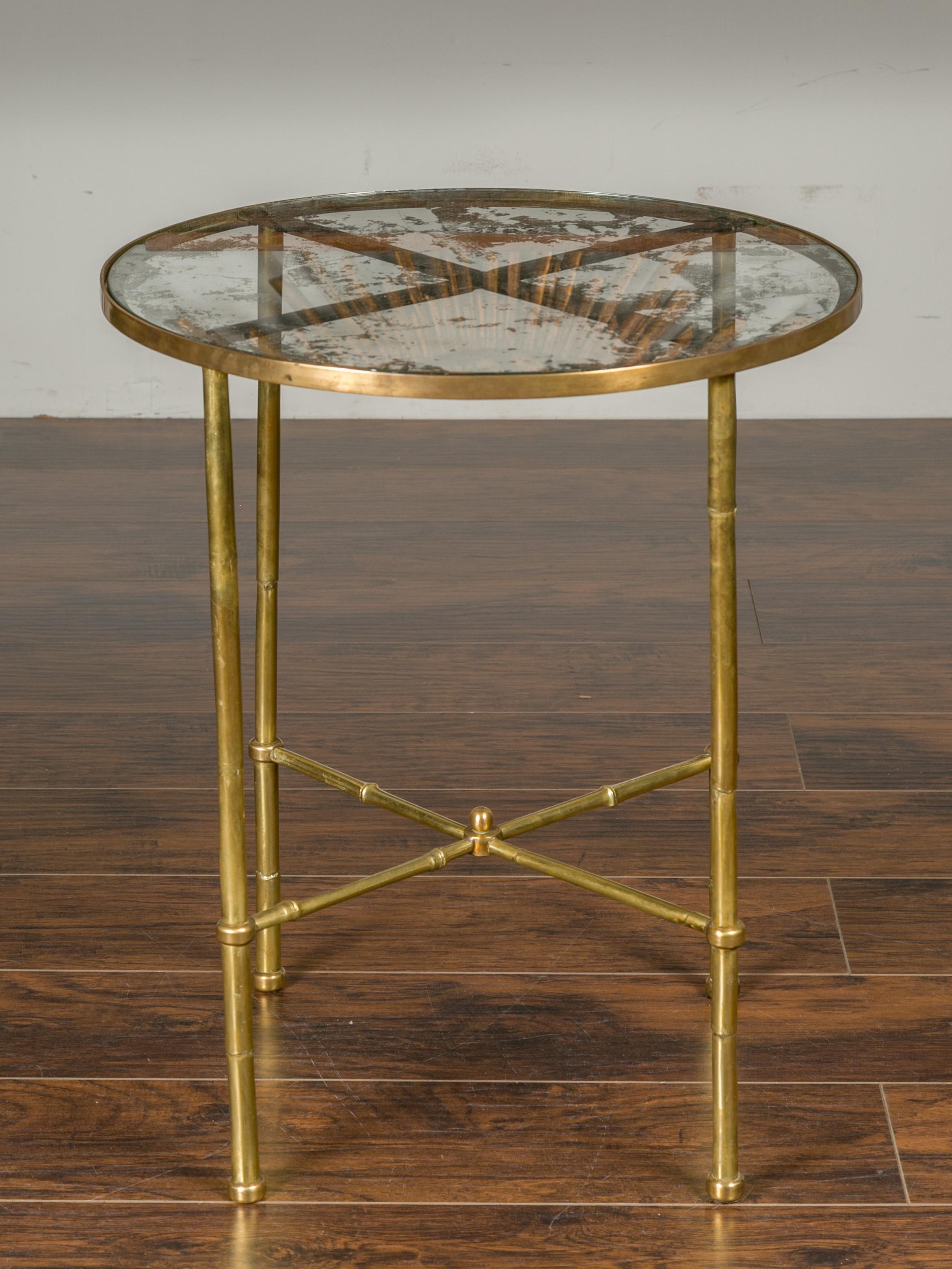 Italian Midcentury Brass Bamboo-Inspired Side Table with Distressed Glass Top For Sale 5