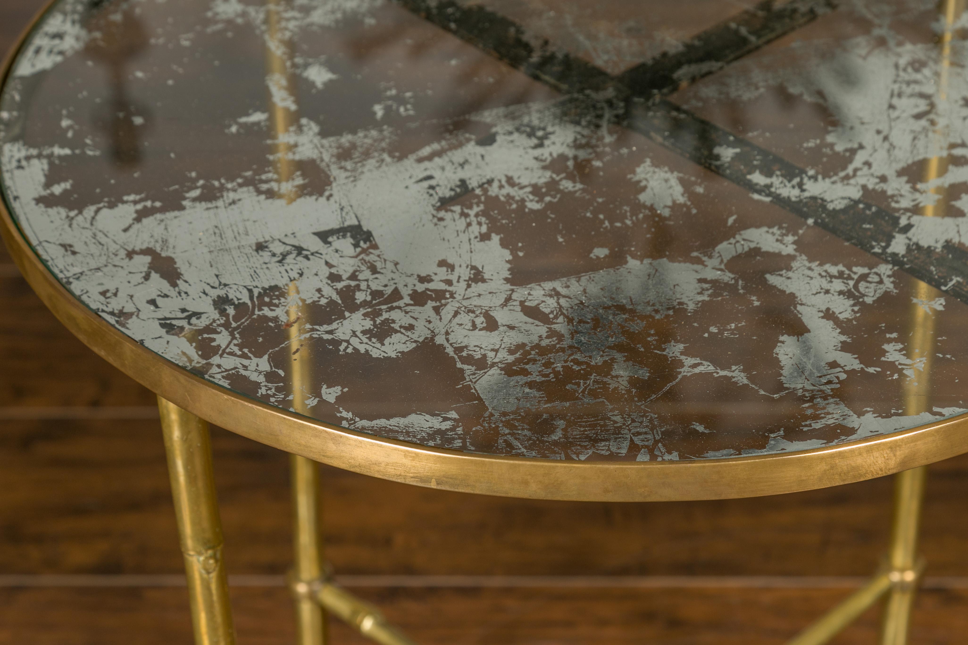 Mid-Century Modern Italian Midcentury Brass Bamboo-Inspired Side Table with Distressed Glass Top For Sale