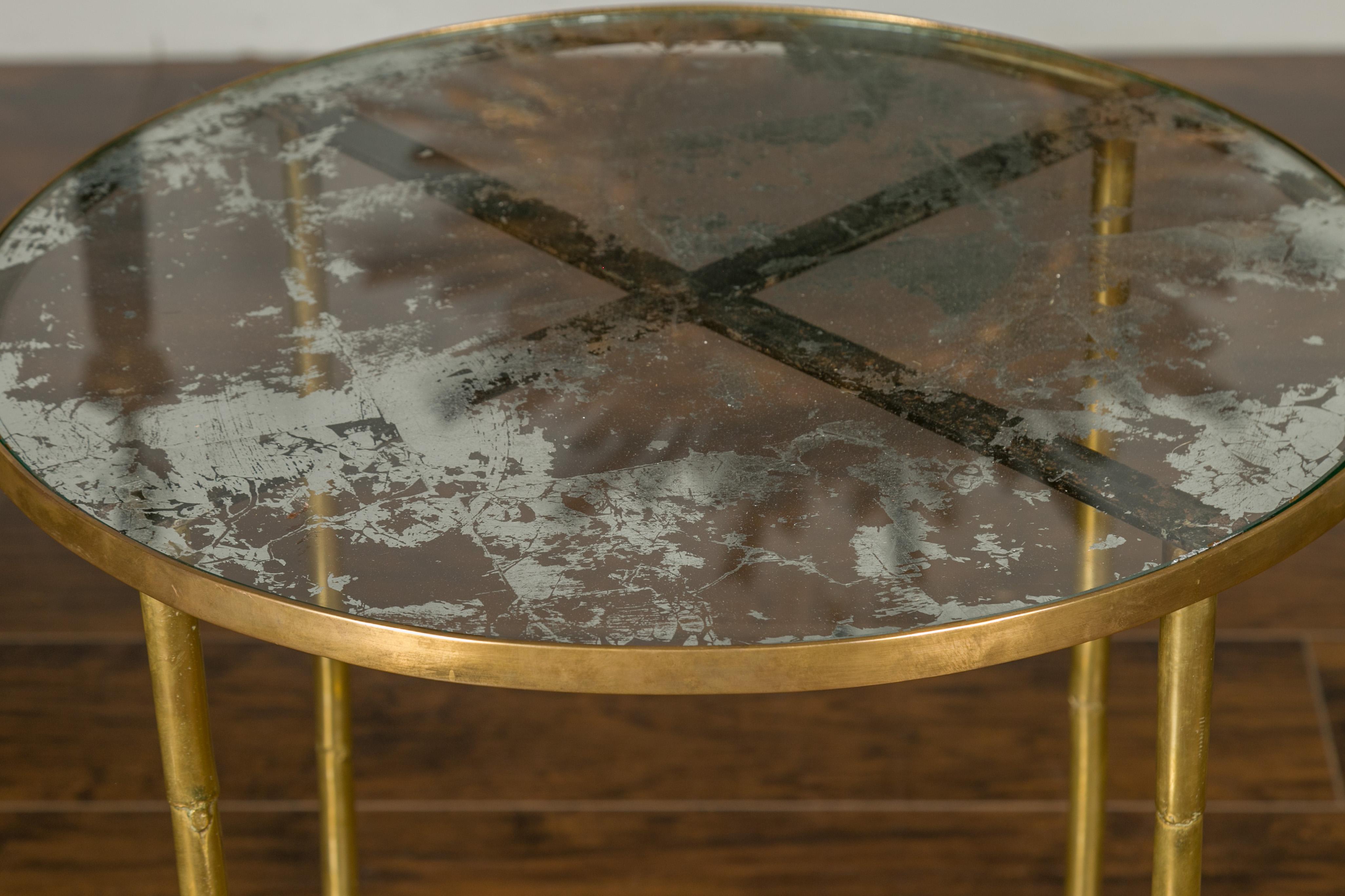 Italian Midcentury Brass Bamboo-Inspired Side Table with Distressed Glass Top In Good Condition For Sale In Atlanta, GA