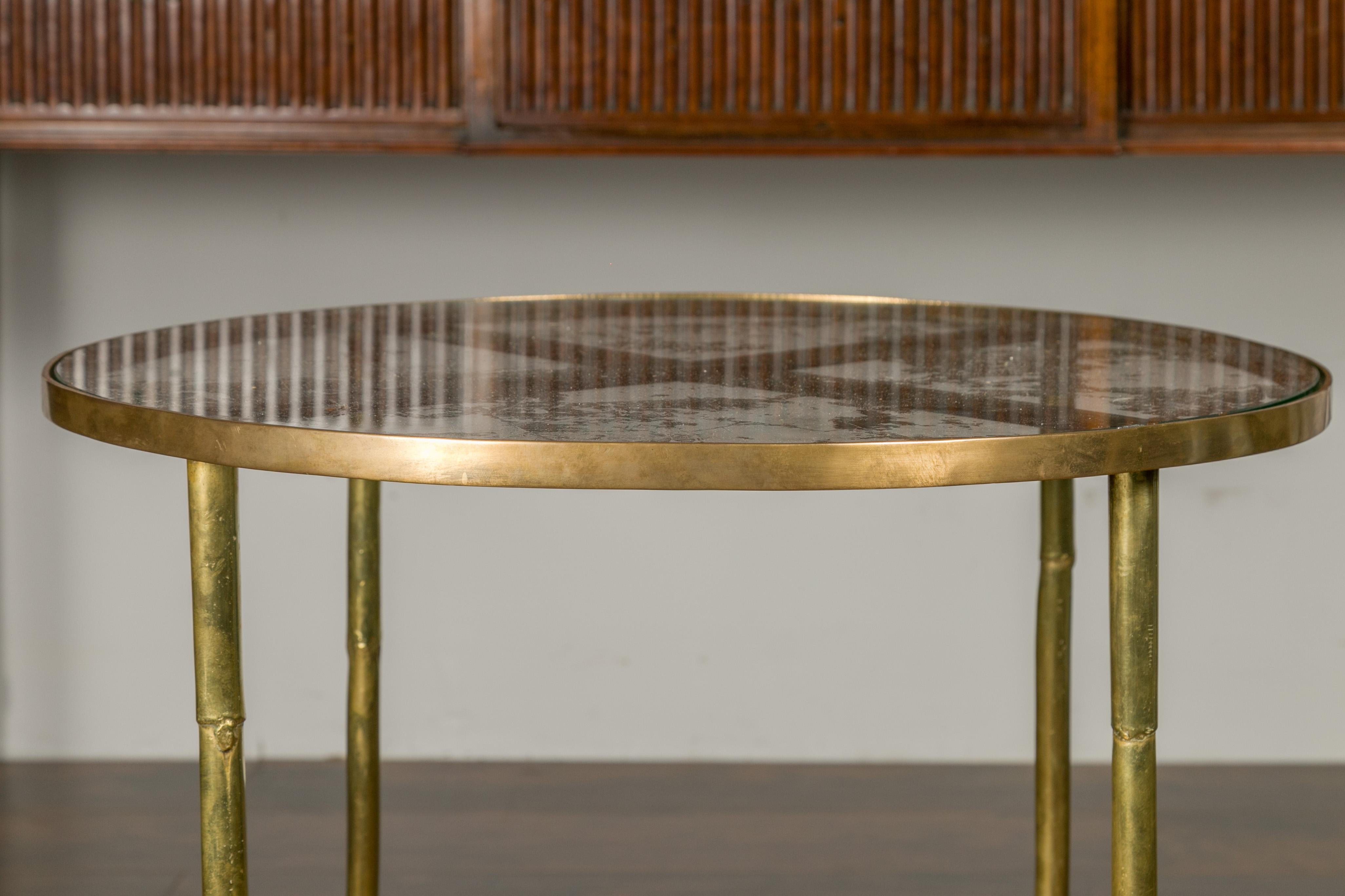 20th Century Italian Midcentury Brass Bamboo-Inspired Side Table with Distressed Glass Top For Sale