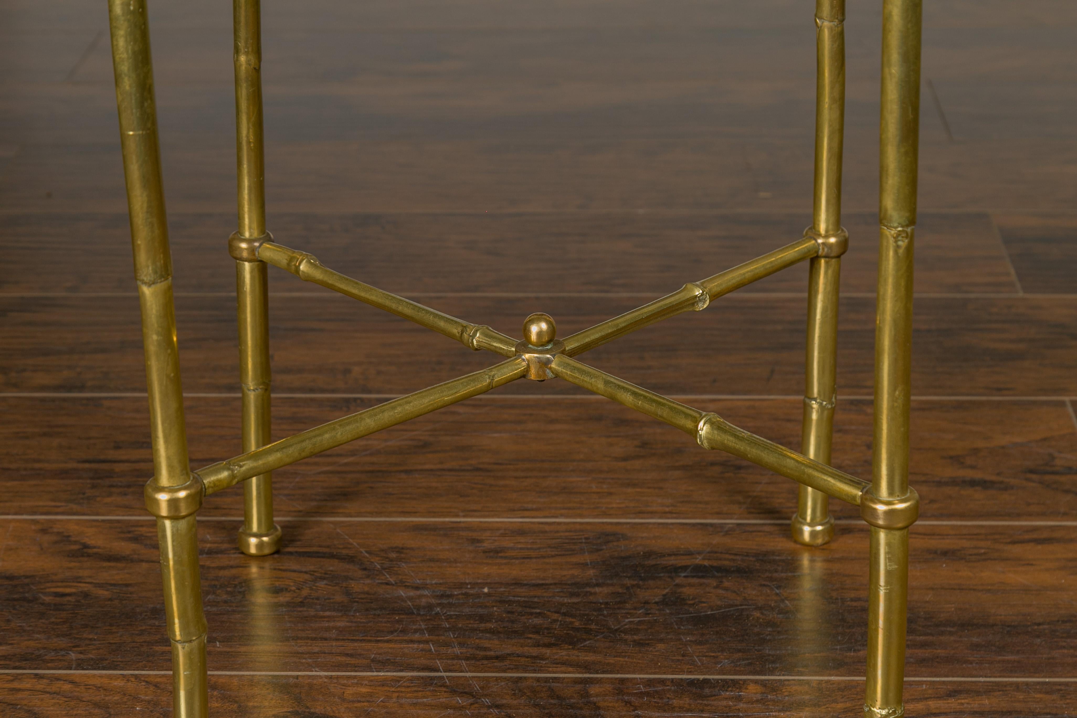 Italian Midcentury Brass Bamboo-Inspired Side Table with Distressed Glass Top For Sale 1