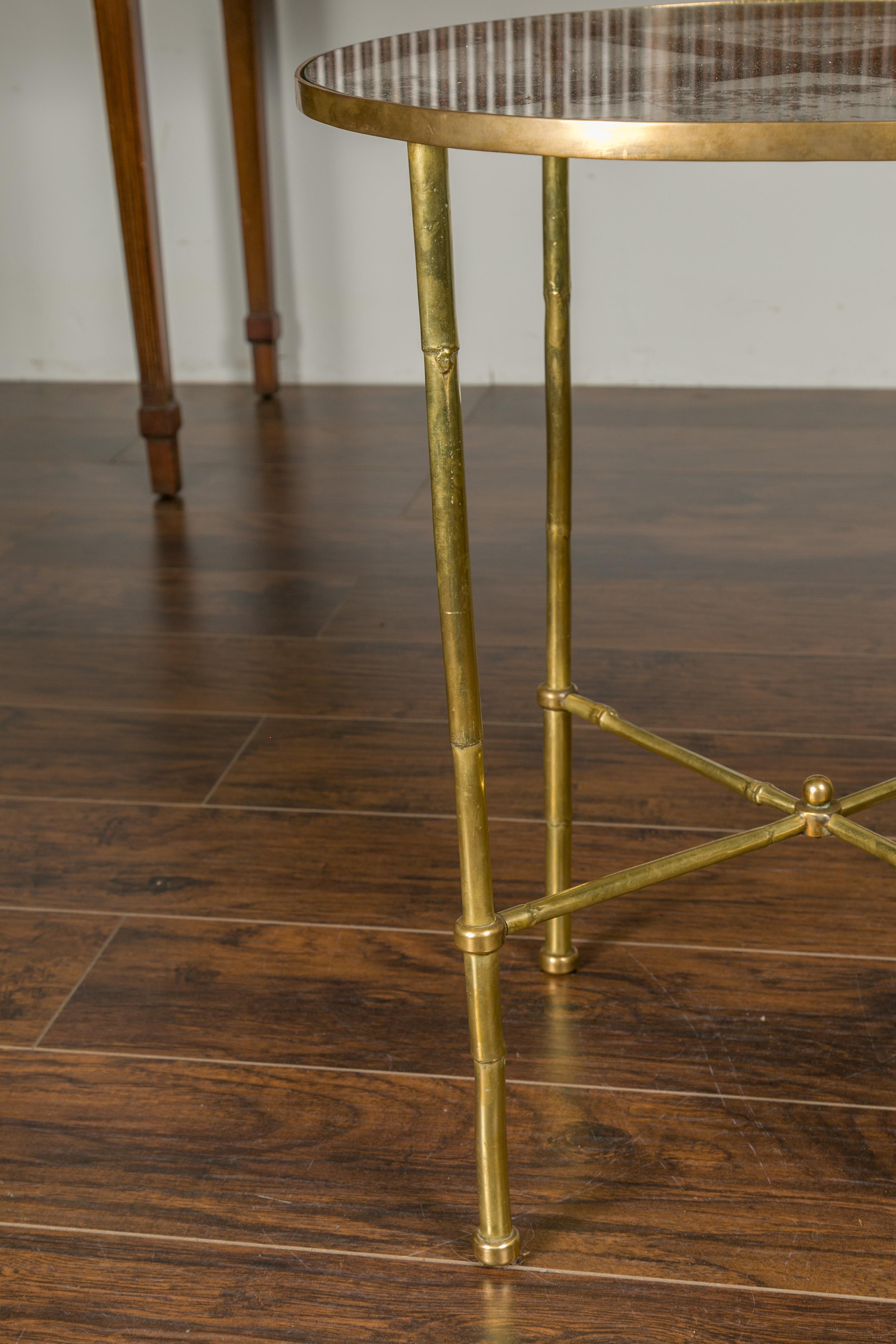 Italian Midcentury Brass Bamboo-Inspired Side Table with Distressed Glass Top For Sale 2