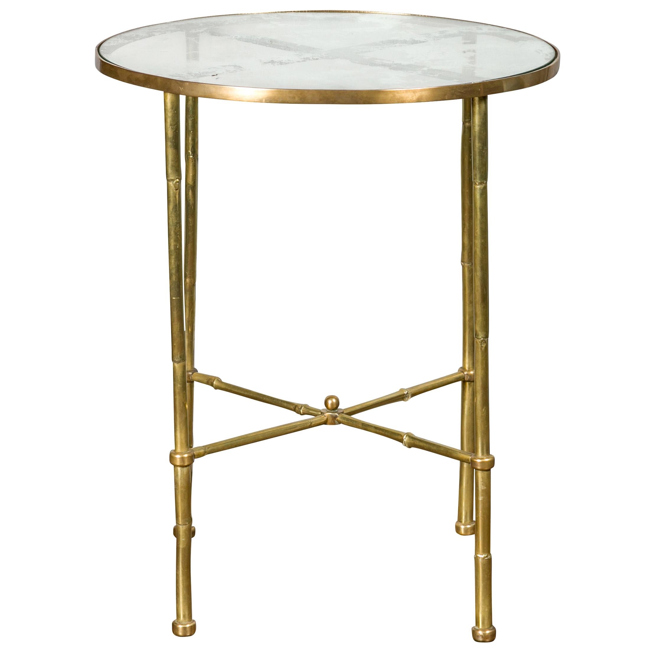 Italian Midcentury Brass Bamboo-Inspired Side Table with Distressed Glass Top