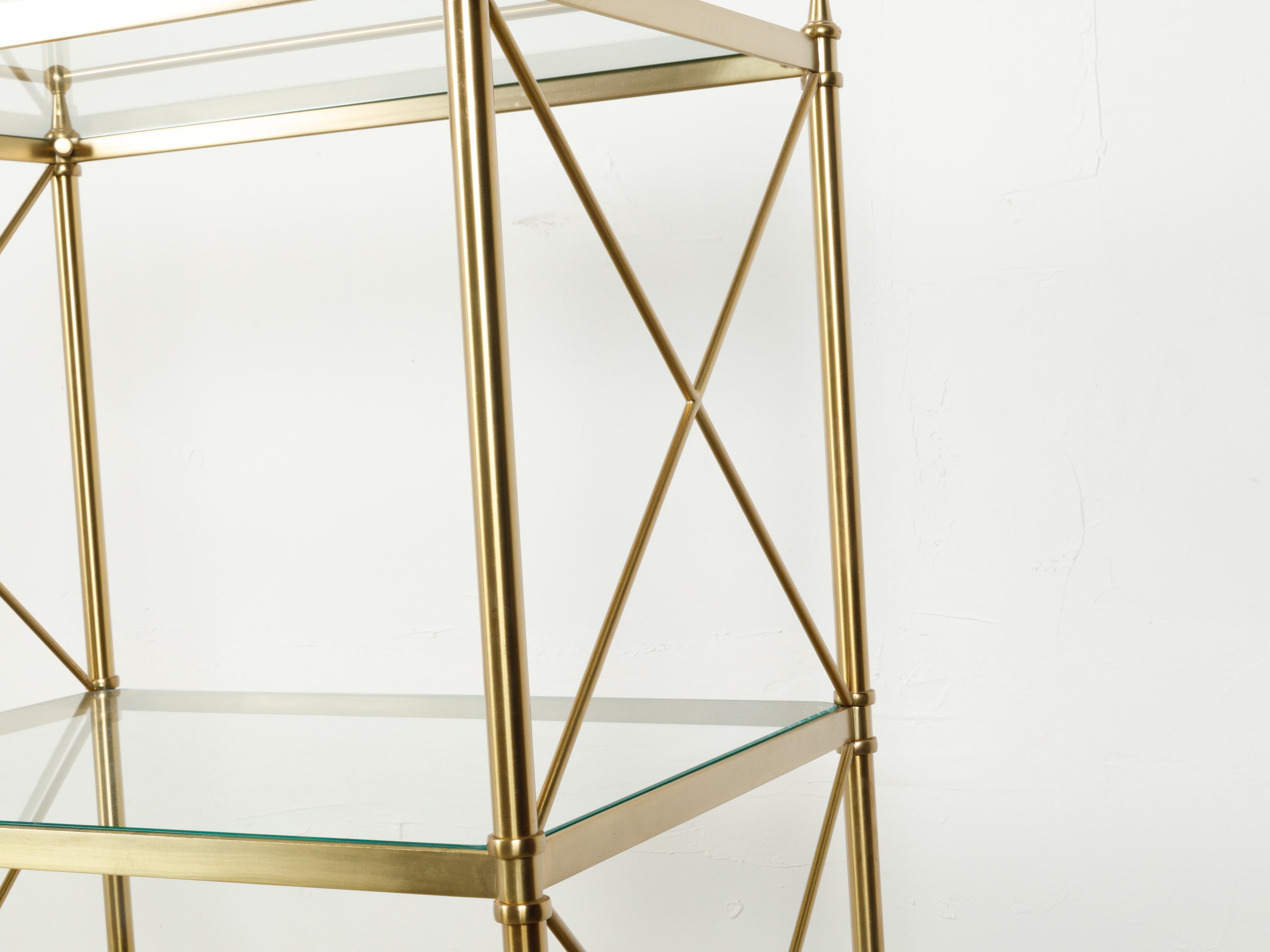 Italian Mid-Century Brass Bookcase with Glass Shelves and X-Form Patterns For Sale 4