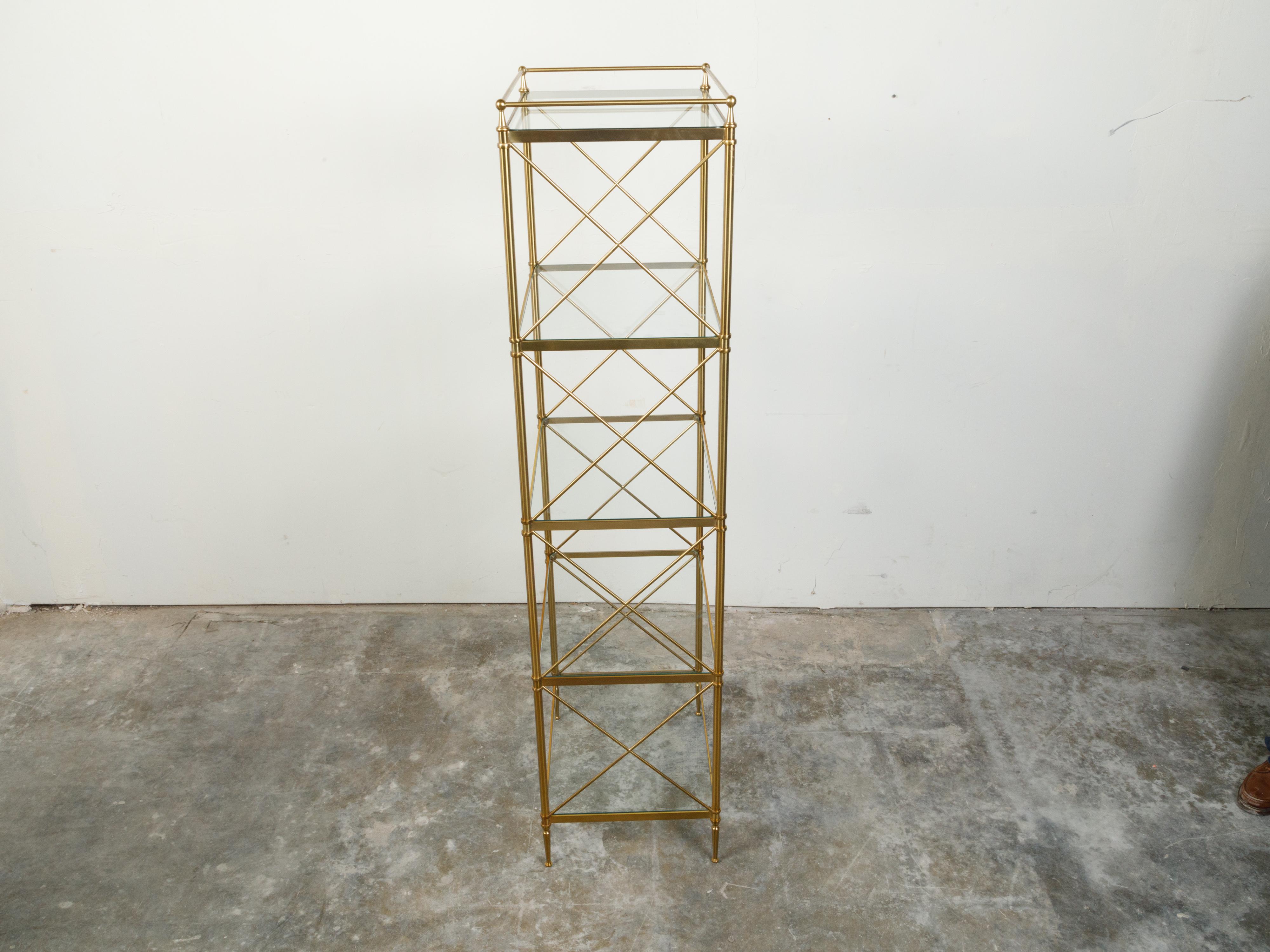 Mid-Century Modern Italian Mid-Century Brass Bookcase with Glass Shelves and X-Form Patterns For Sale